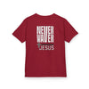 Kids Golf Tee -Never Waver” Jesus a bold, eye-catching design that reflects a steadfast faith and confidence in Christ. - Never Waver