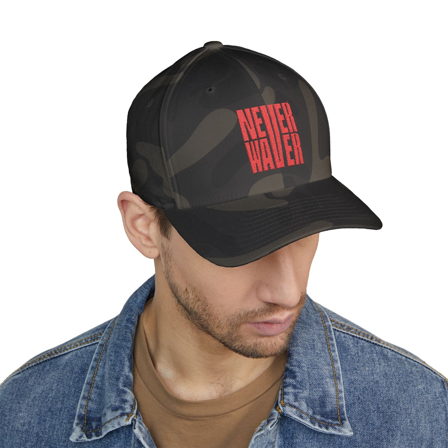 Stylish Embroidered Cap - "NEVER WAVER" Red Baseball Hat