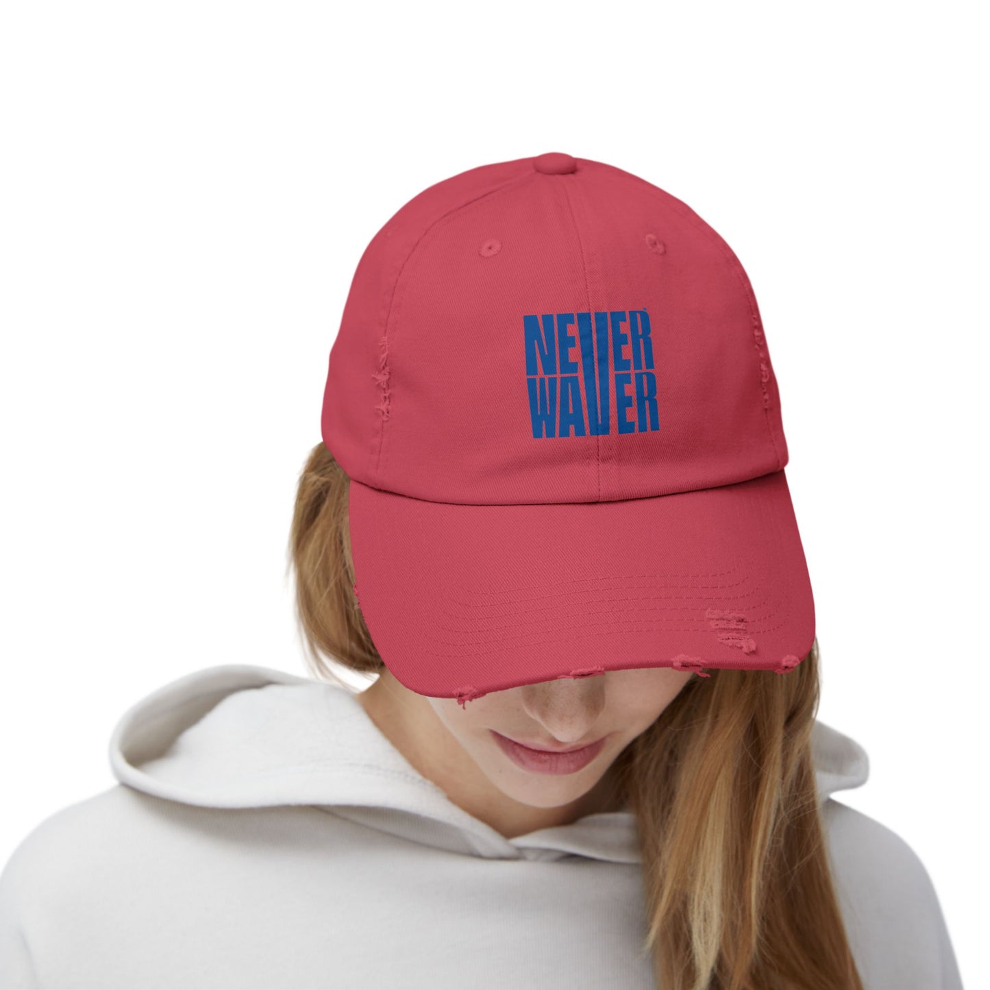 Unisex Distressed Cap - ‘NEVER WAVER’ Motivational Hat for Everyday Inspiration