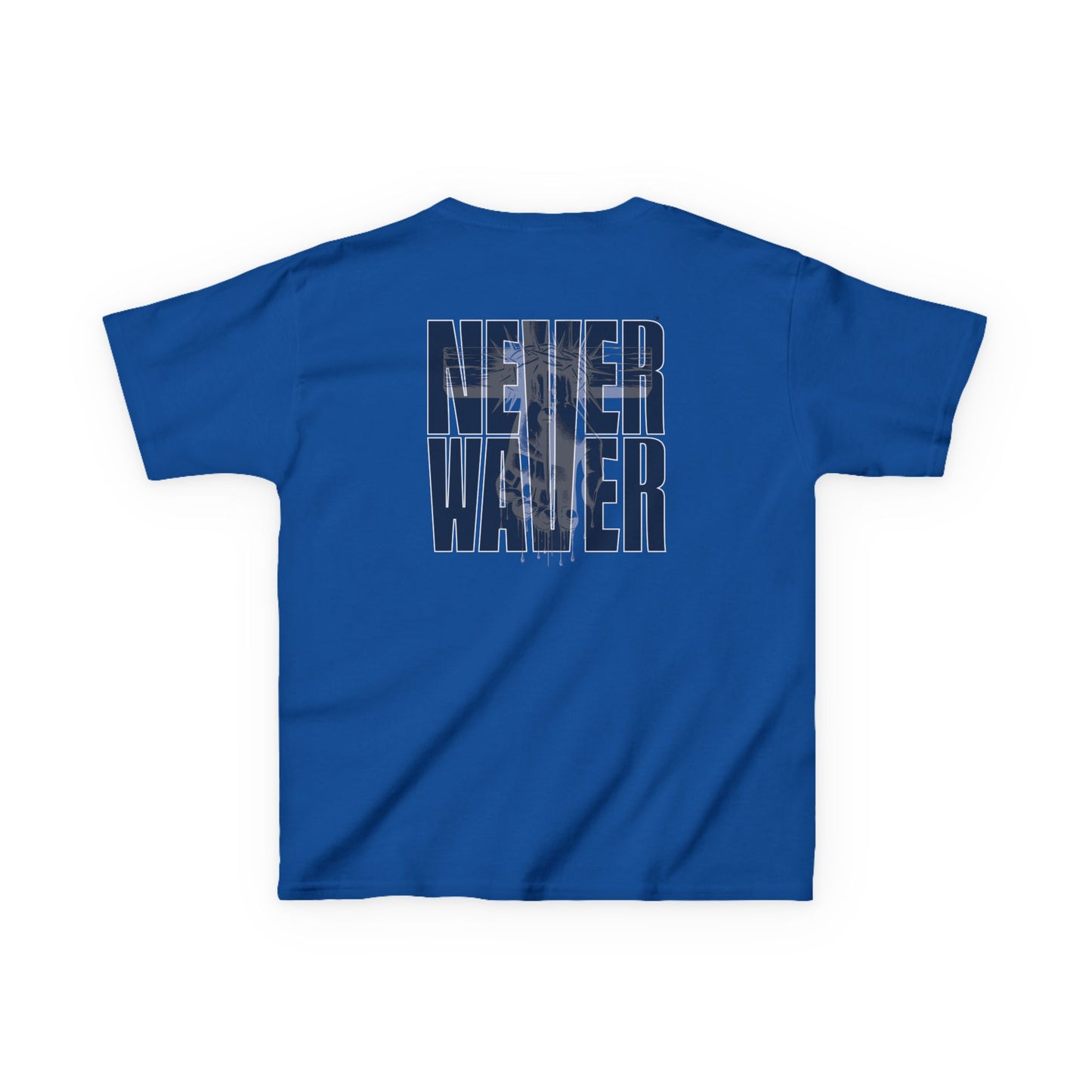 Kids Tee Never Waver” Jesus t-shirt might feature a bold, eye-catching design that reflects a steadfast faith and confidence in Christ.  - Never Waver