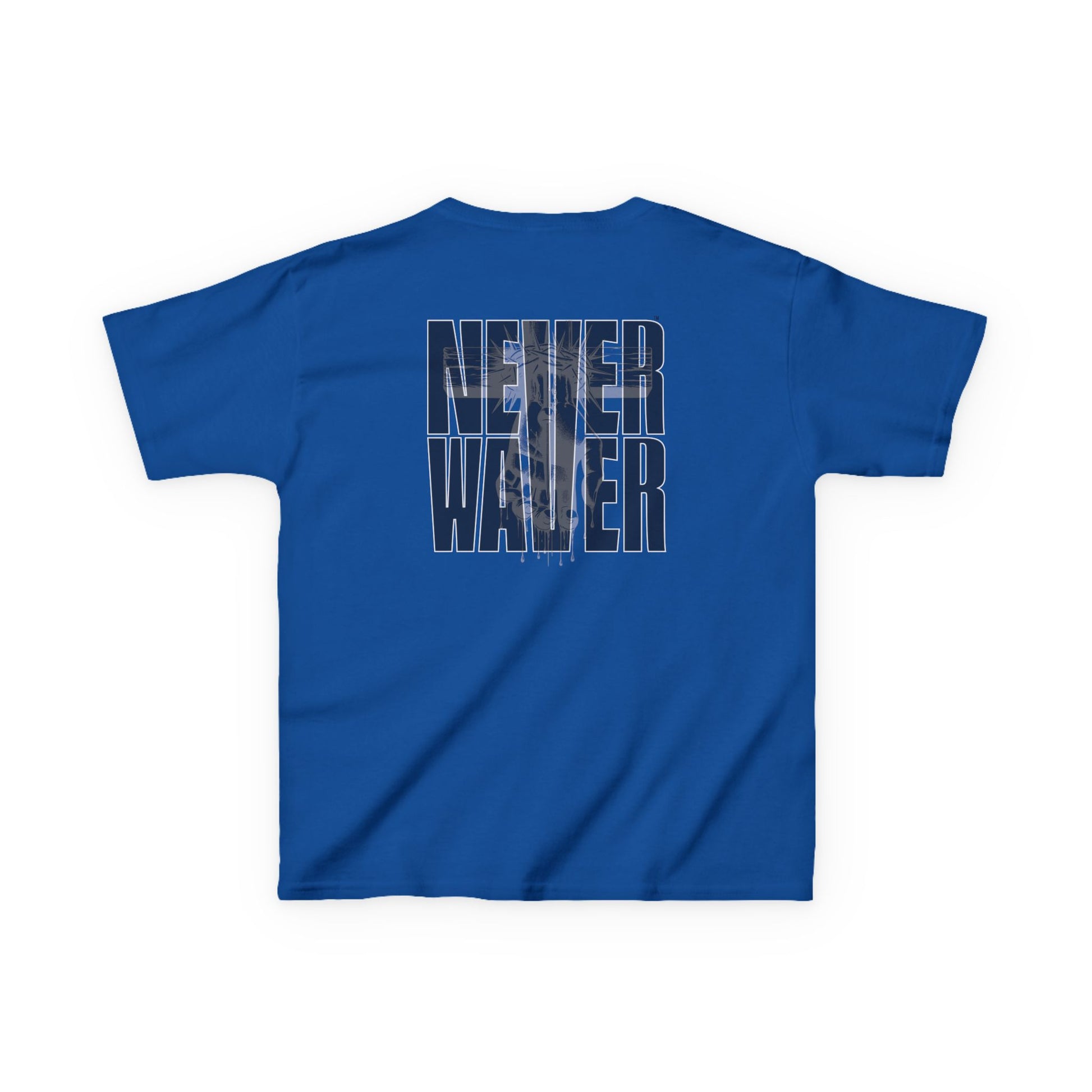 Kids Tee Never Waver” Jesus t-shirt might feature a bold, eye-catching design that reflects a steadfast faith and confidence in Christ.  - Never Waver