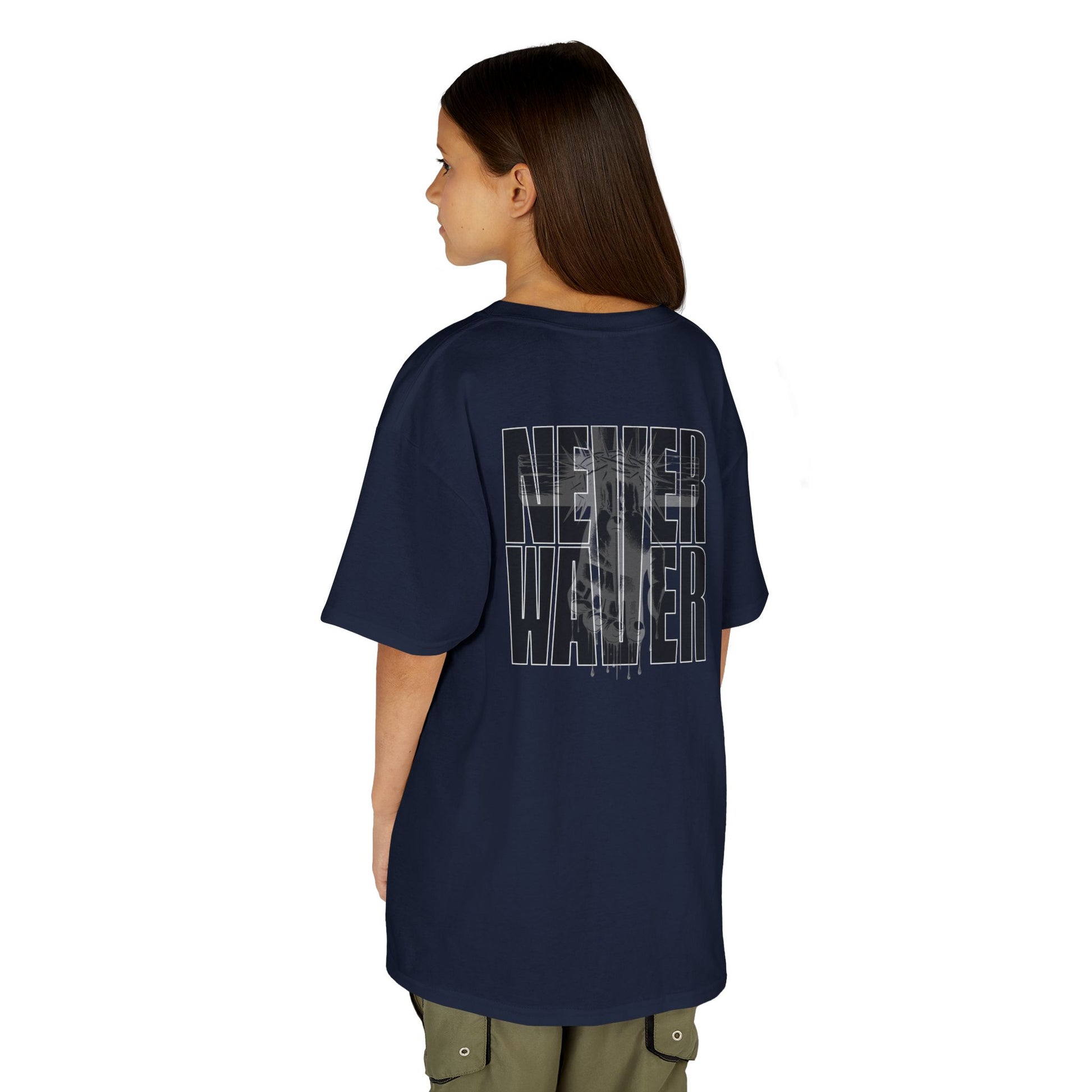Kids Tee Never Waver” Jesus t-shirt might feature a bold, eye-catching design that reflects a steadfast faith and confidence in Christ.  - Never Waver