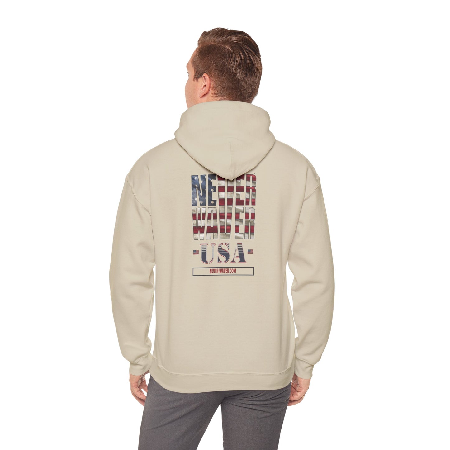 Unisex Heavy Blend™ Hooded Sweatshirt - 'Never Waver' USA Flag Design - Never Waver
