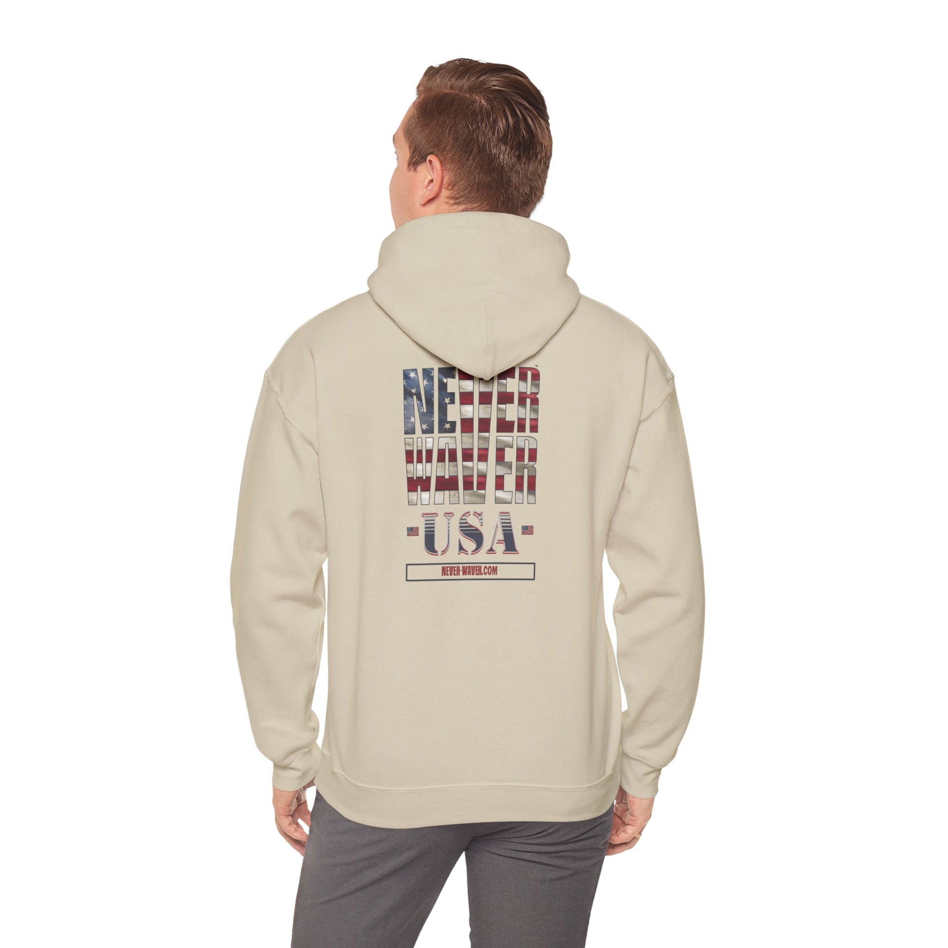 Unisex Heavy Blend™ Hooded Sweatshirt - 'Never Waver' USA Flag Design - Never Waver