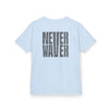 Kids Tee Never Waver” Jesus t-shirt might feature a bold, eye-catching design that reflects a steadfast faith and confidence in Christ.  - Never Waver