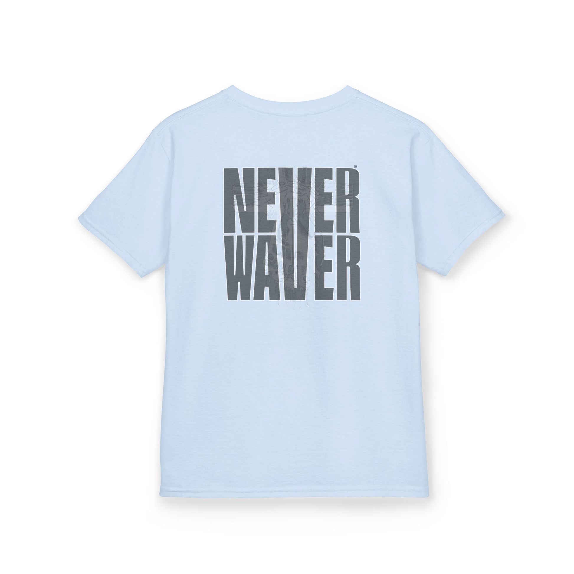 Kids Tee Never Waver” Jesus t-shirt might feature a bold, eye-catching design that reflects a steadfast faith and confidence in Christ.  - Never Waver