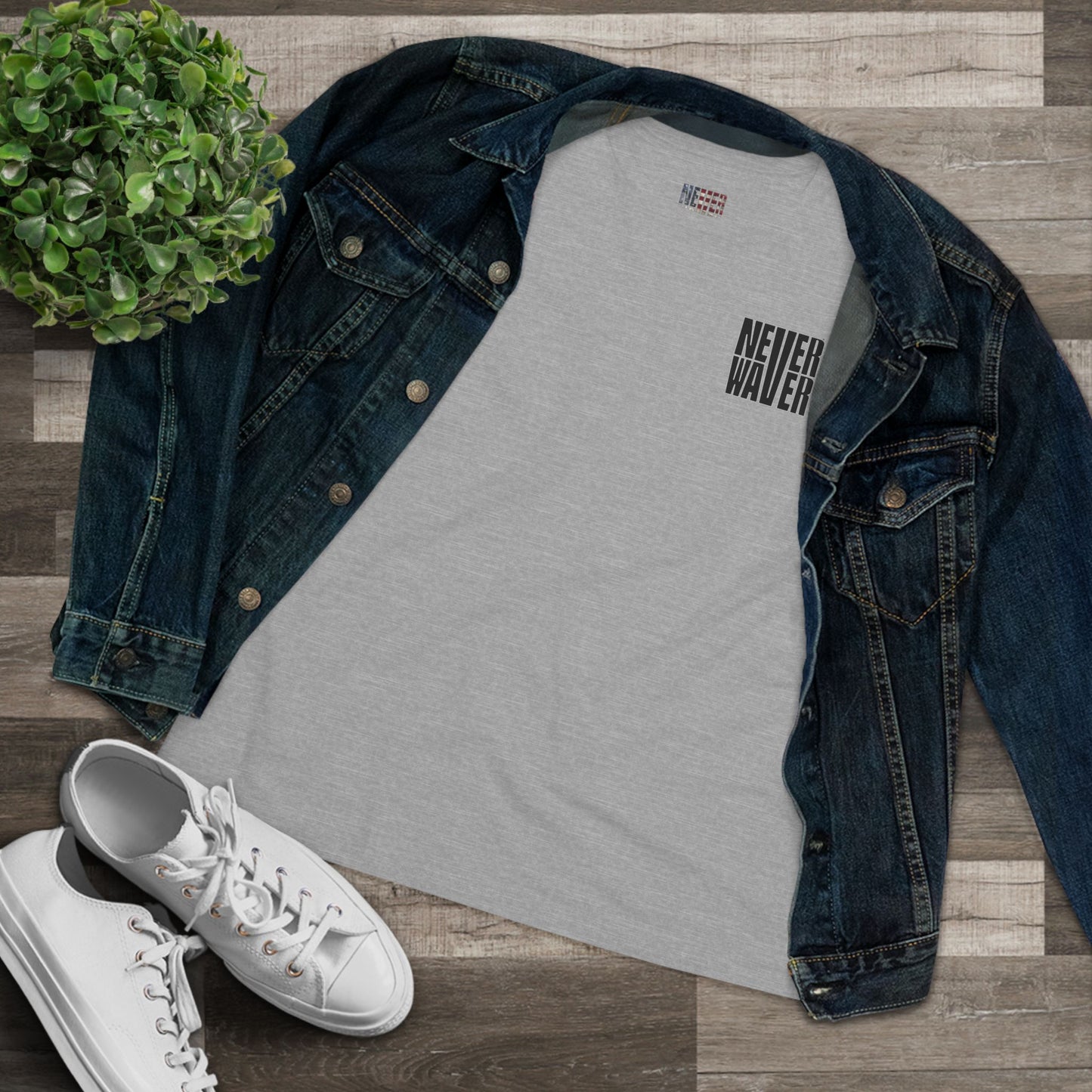 Never Waver” Jesus t-shirt might feature a bold, eye-catching design that reflects a steadfast faith and confidence in Christ.  Women's Cotton Tee - Never Waver