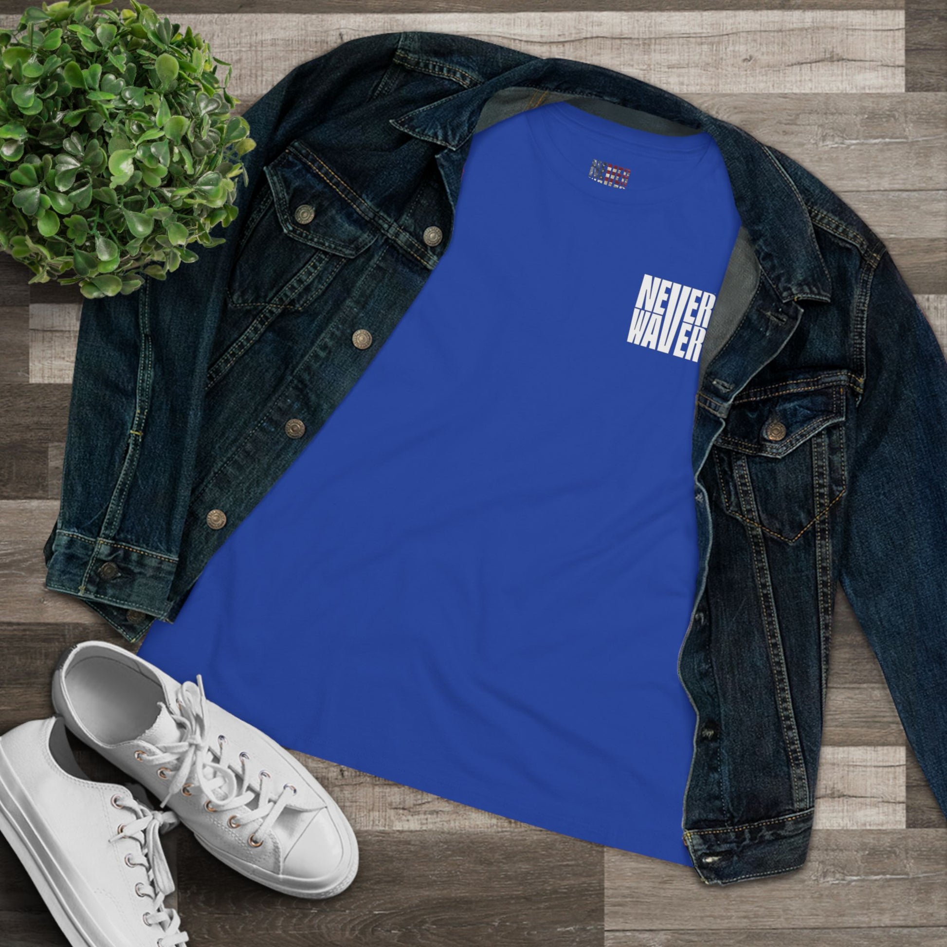 Never Waver” Jesus bold, eye-catching design that reflects a steadfast faith and confidence in Christ. Women's Cotton Tee - Never Waver