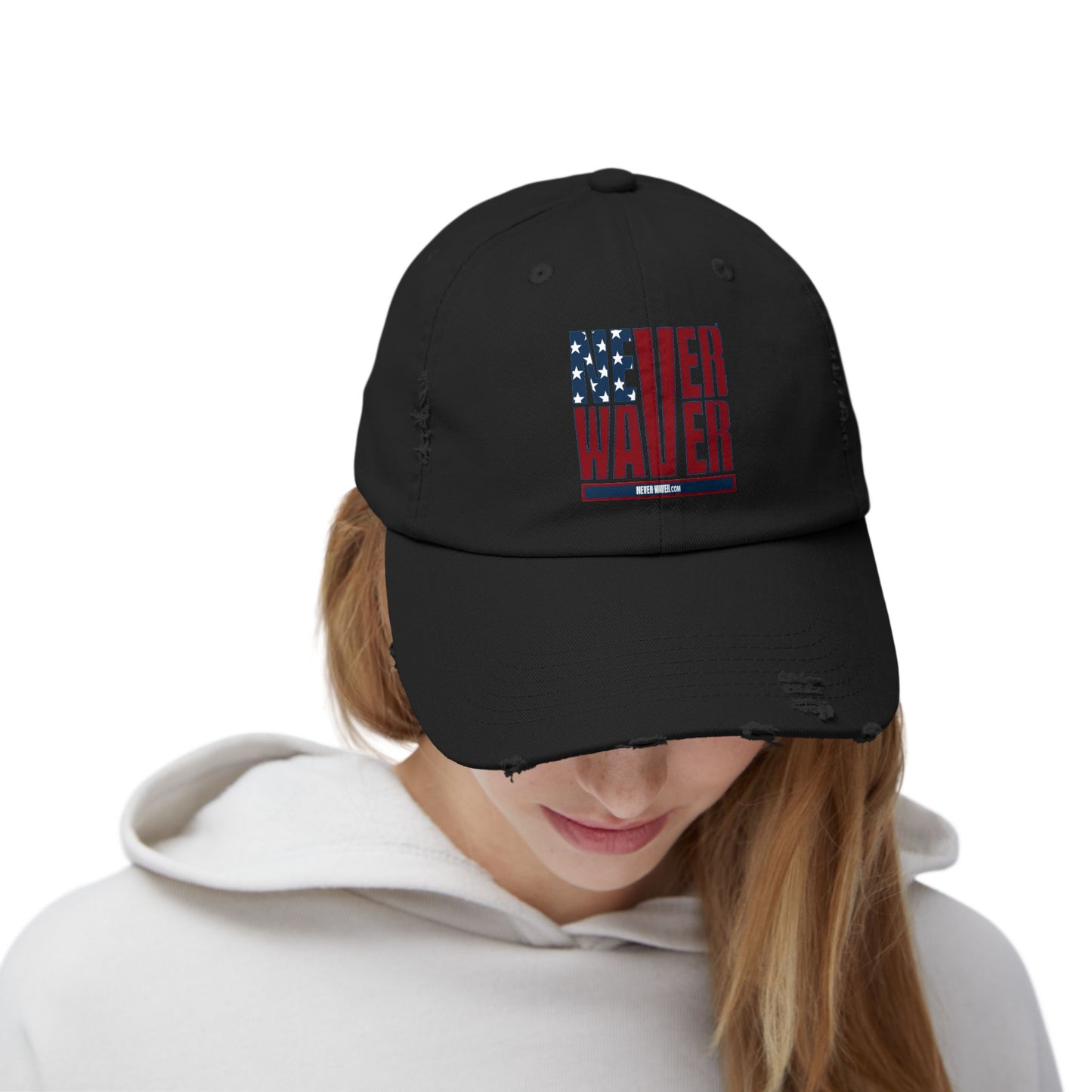 Unisex Distressed Cap - 'Never Waver' Casual Hat for Everyday Style Patriotic