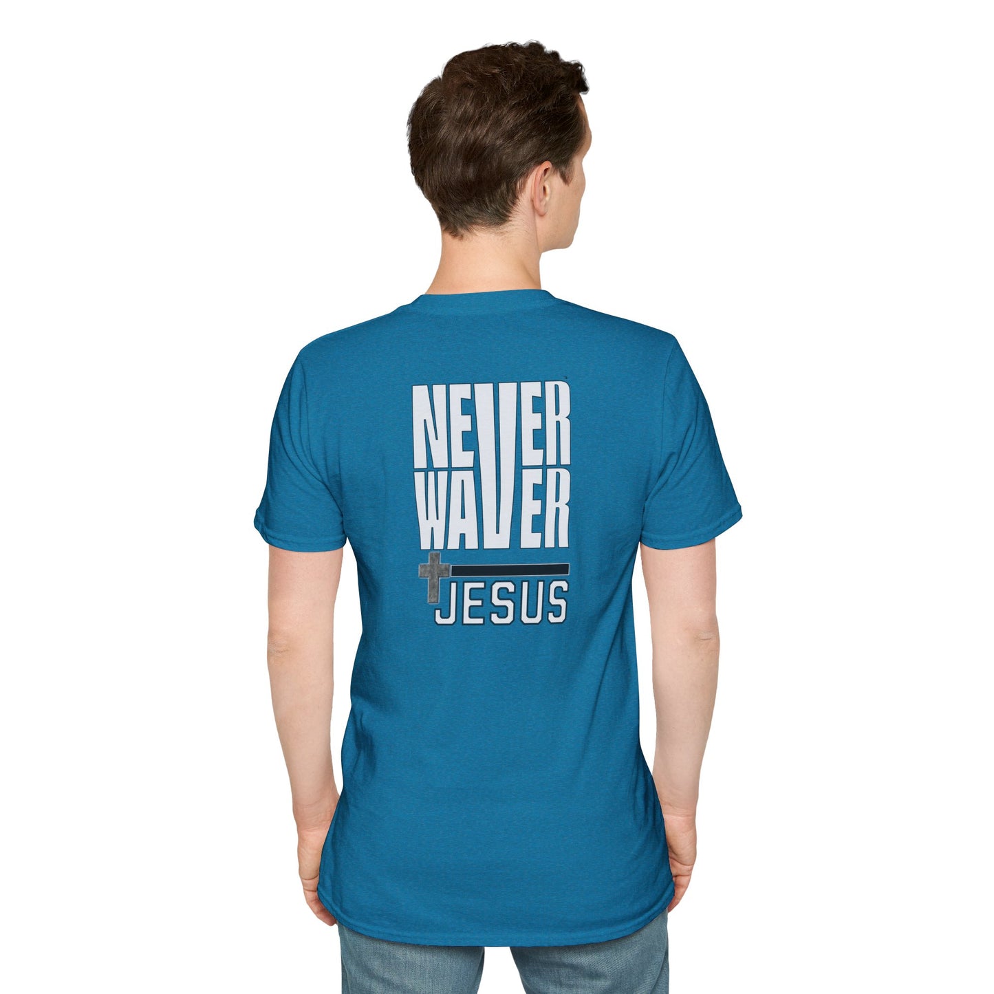 Never Waver” Jesus a bold, eye-catching design that reflects a steadfast faith and confidence in Christ.  Unisex Soft style T-Shirt