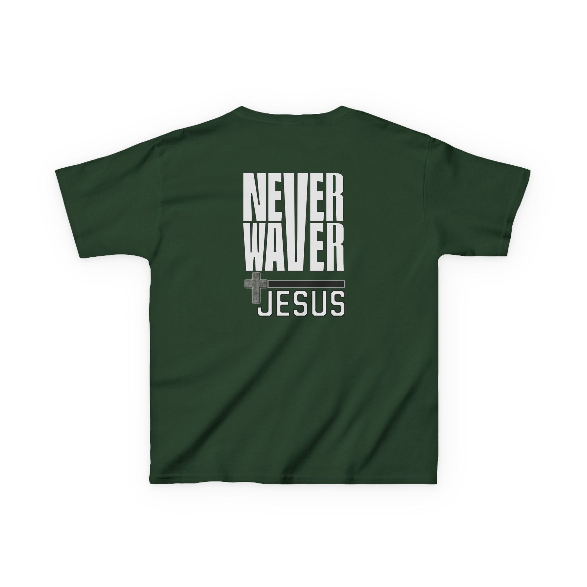 Kids Golf Tee -Never Waver” Jesus a bold, eye-catching design that reflects a steadfast faith and confidence in Christ. - Never Waver