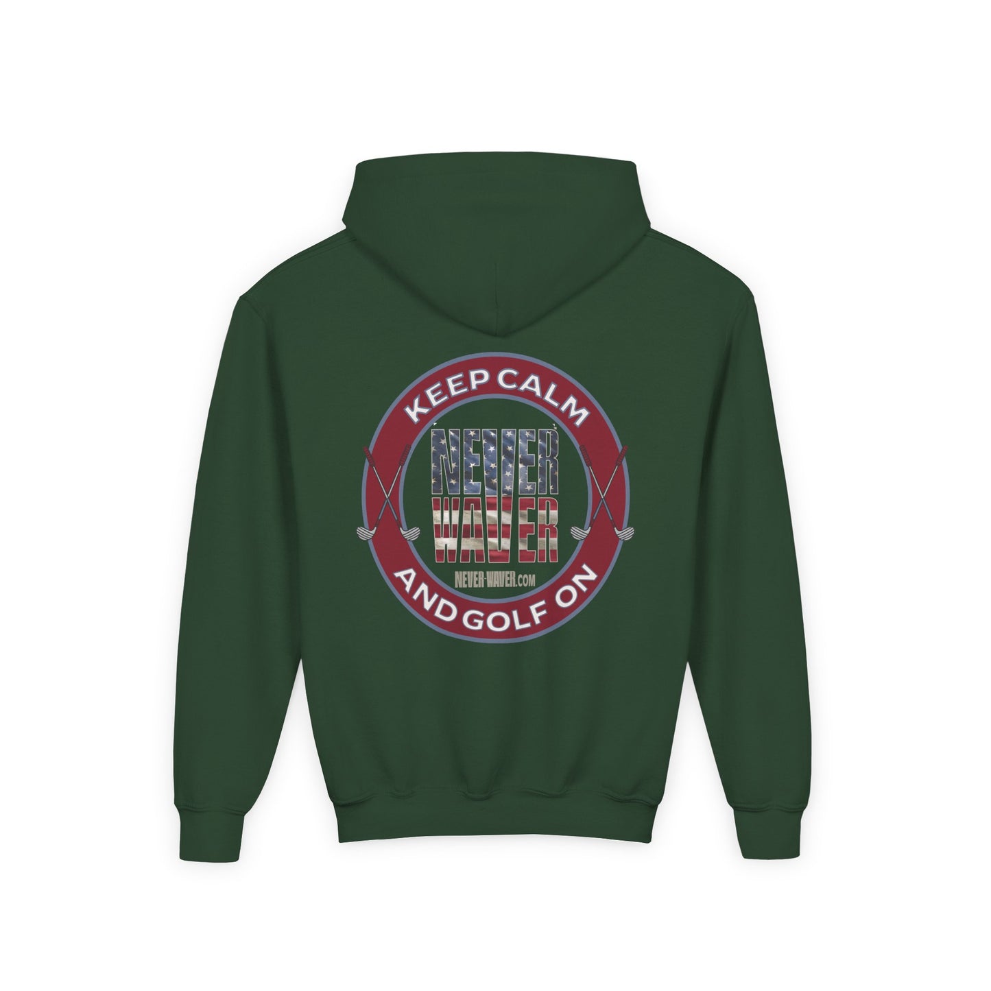 Youth Golf Hoodie - "Keep Calm Never Waver and Golf On" Sweatshirt for Young Golfers - Never Waver