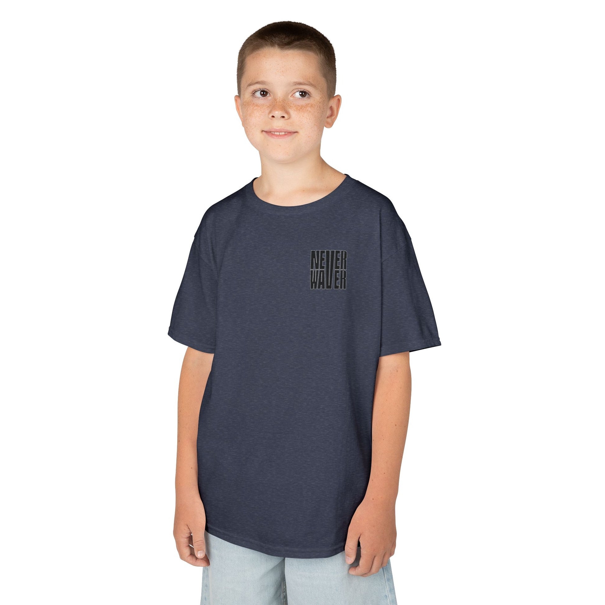 Kids Tee Never Waver” Jesus t-shirt might feature a bold, eye-catching design that reflects a steadfast faith and confidence in Christ.  - Never Waver