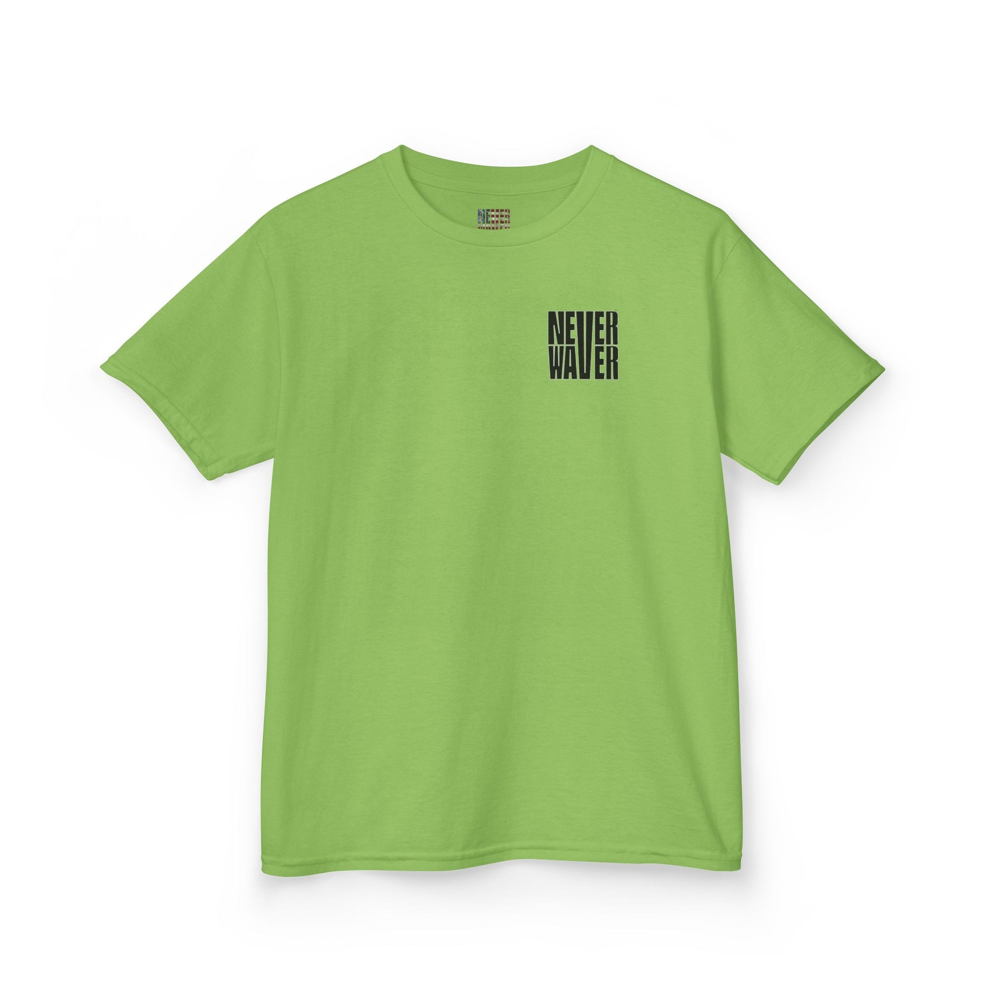 Kids Tee Never Waver” Jesus t-shirt might feature a bold, eye-catching design that reflects a steadfast faith and confidence in Christ.  - Never Waver