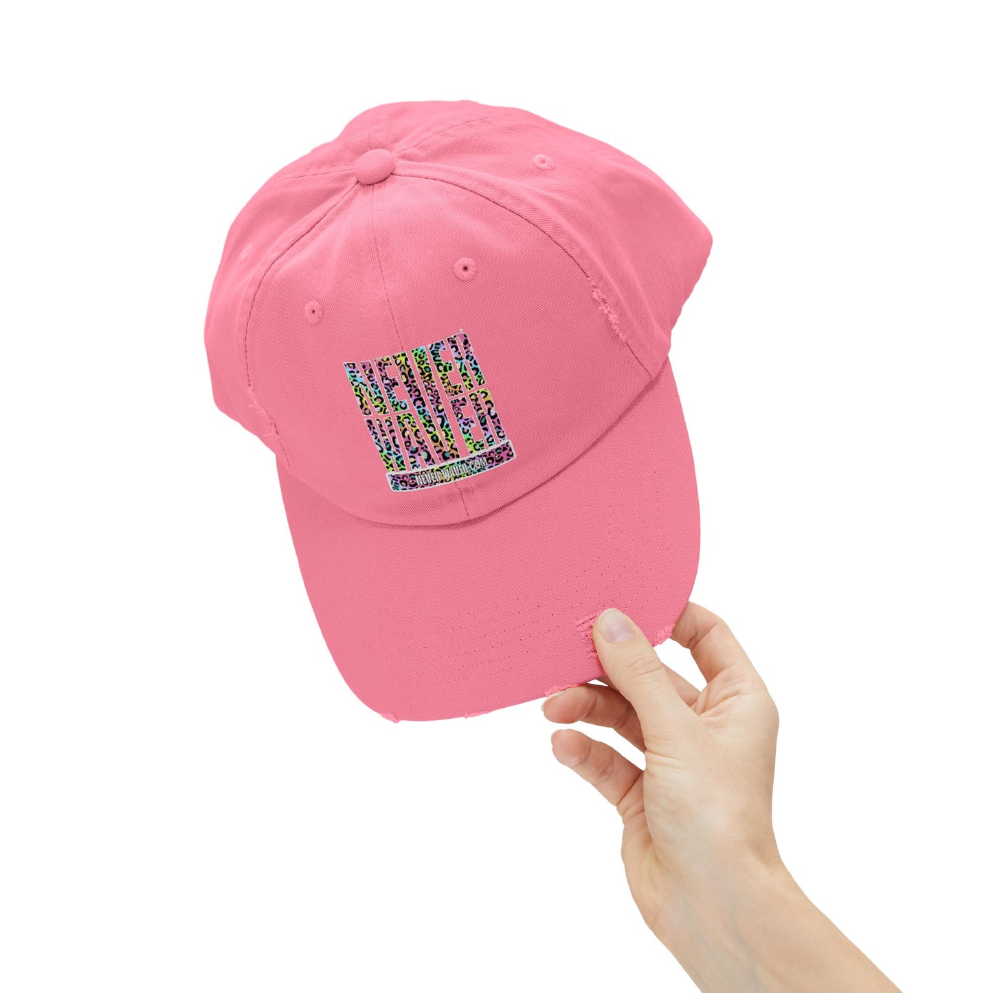 Unisex Distressed Cap - 'NEVER WAVER' Inspirational Hat for Everyday Wear Multi Color Leopard