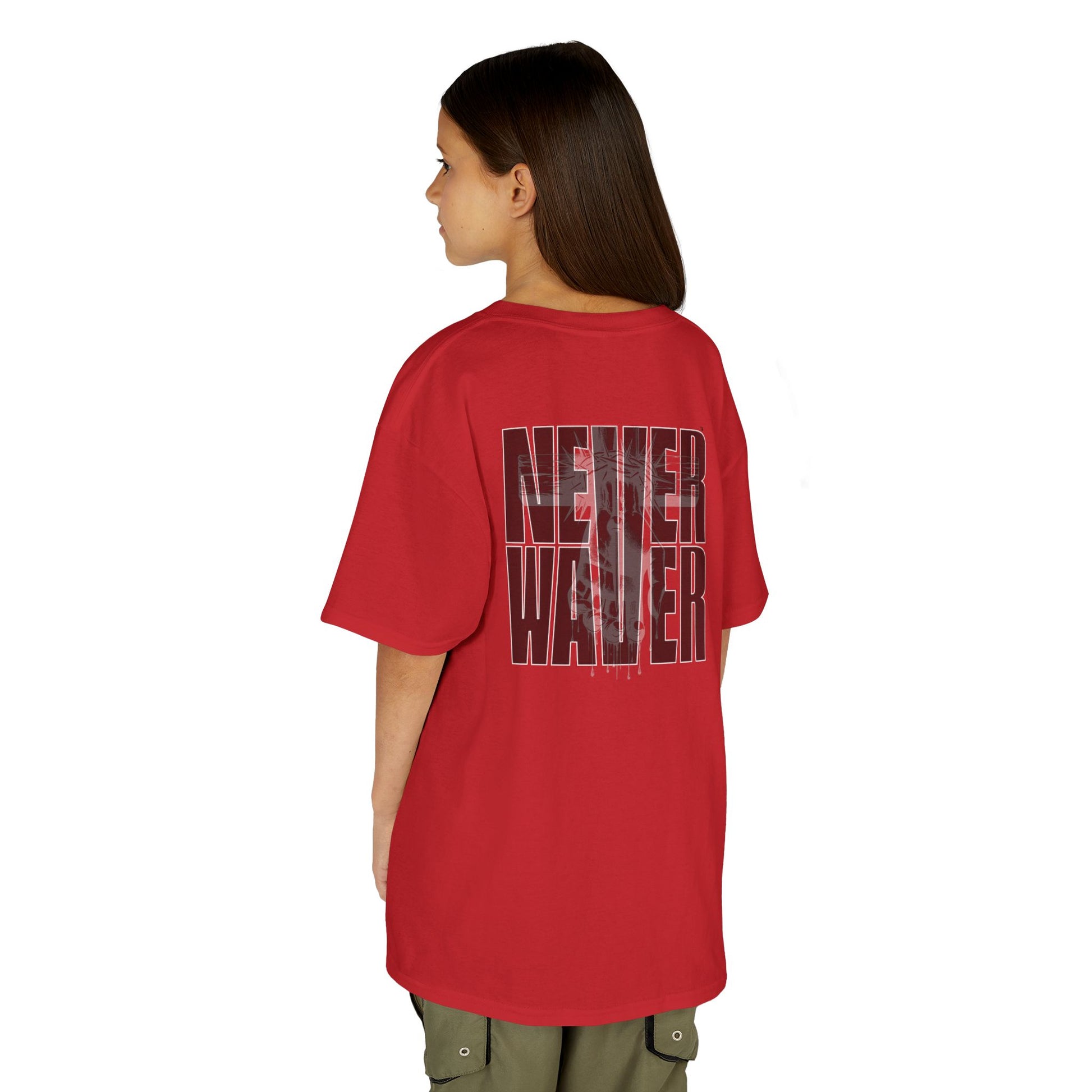 Kids Tee Never Waver” Jesus t-shirt might feature a bold, eye-catching design that reflects a steadfast faith and confidence in Christ.  - Never Waver