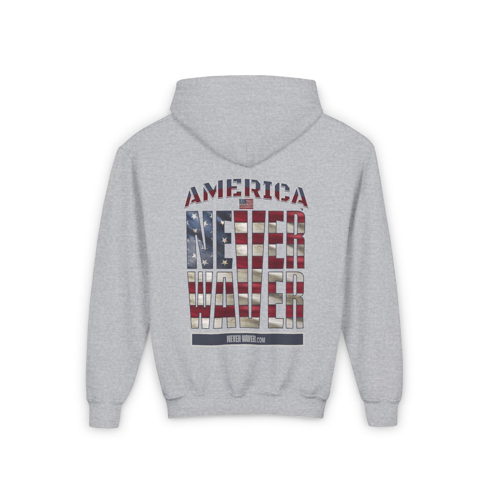 Youth Heavy Blend Hoodie - "America Never Waver " Motivational Sweatshirt - Never Waver