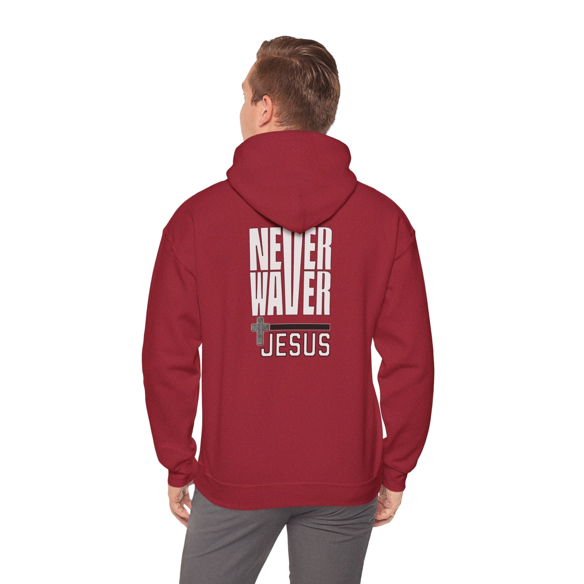 Never Waver” Jesus a bold, eye-catching design that reflects a steadfast faith and confidence in Christ. Hoodie - Unisex Heavy Blend™ Sweatshirt - Never Waver