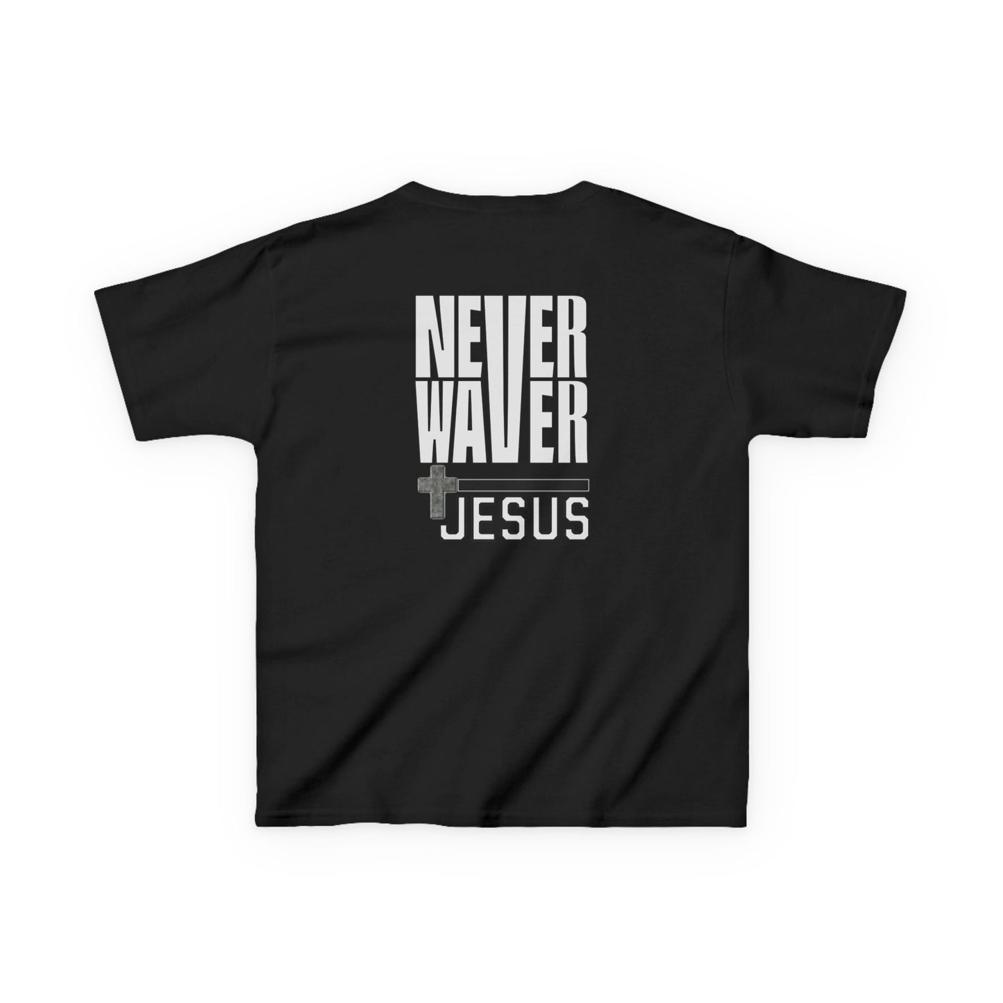 Kids Golf Tee -Never Waver” Jesus a bold, eye-catching design that reflects a steadfast faith and confidence in Christ. - Never Waver
