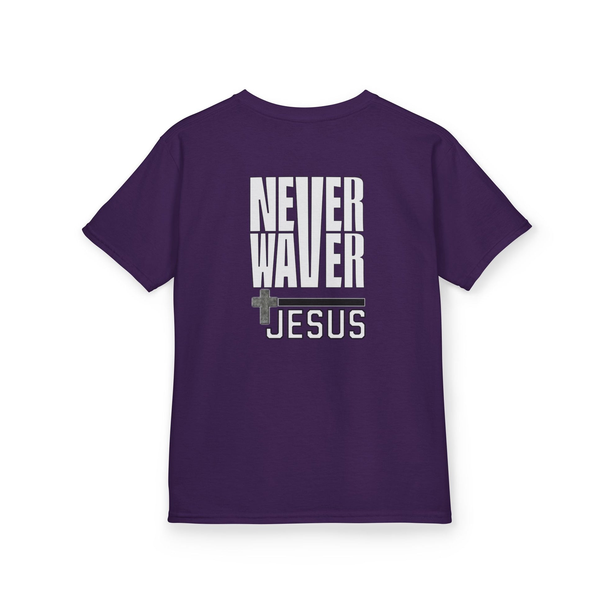 Kids Golf Tee -Never Waver” Jesus a bold, eye-catching design that reflects a steadfast faith and confidence in Christ. - Never Waver
