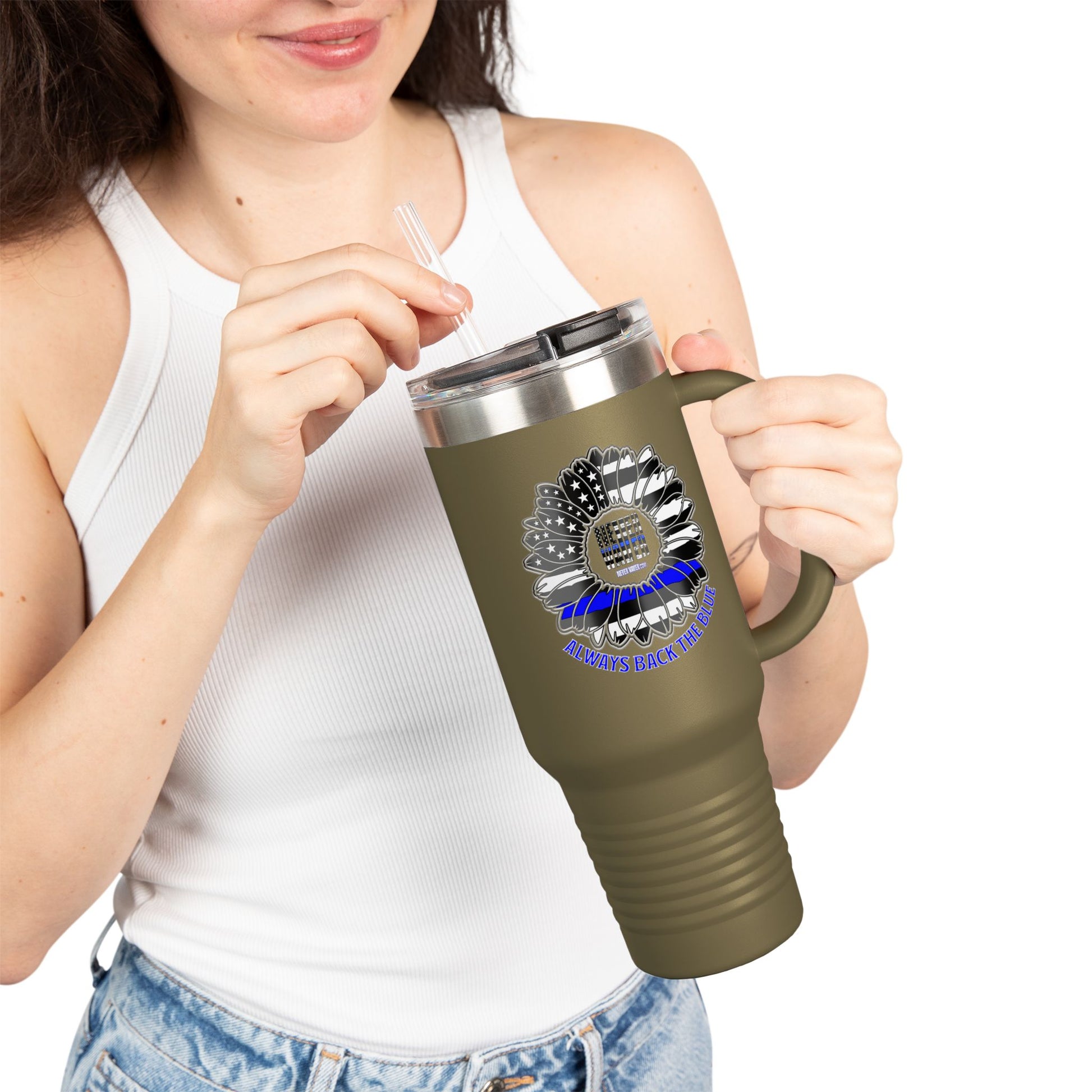 True Americans Never Waver They Always Back The Blue   Insulated Travel Mug, 40oz - Never Waver