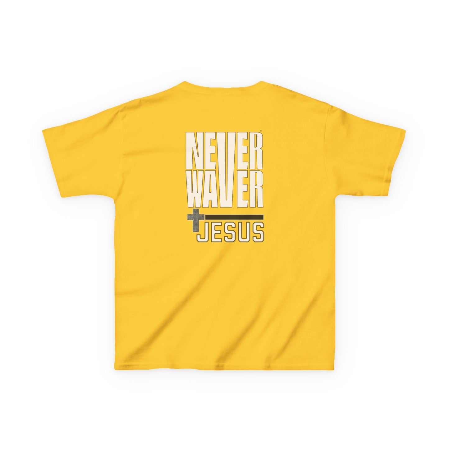 Kids Golf Tee -Never Waver” Jesus a bold, eye-catching design that reflects a steadfast faith and confidence in Christ. - Never Waver