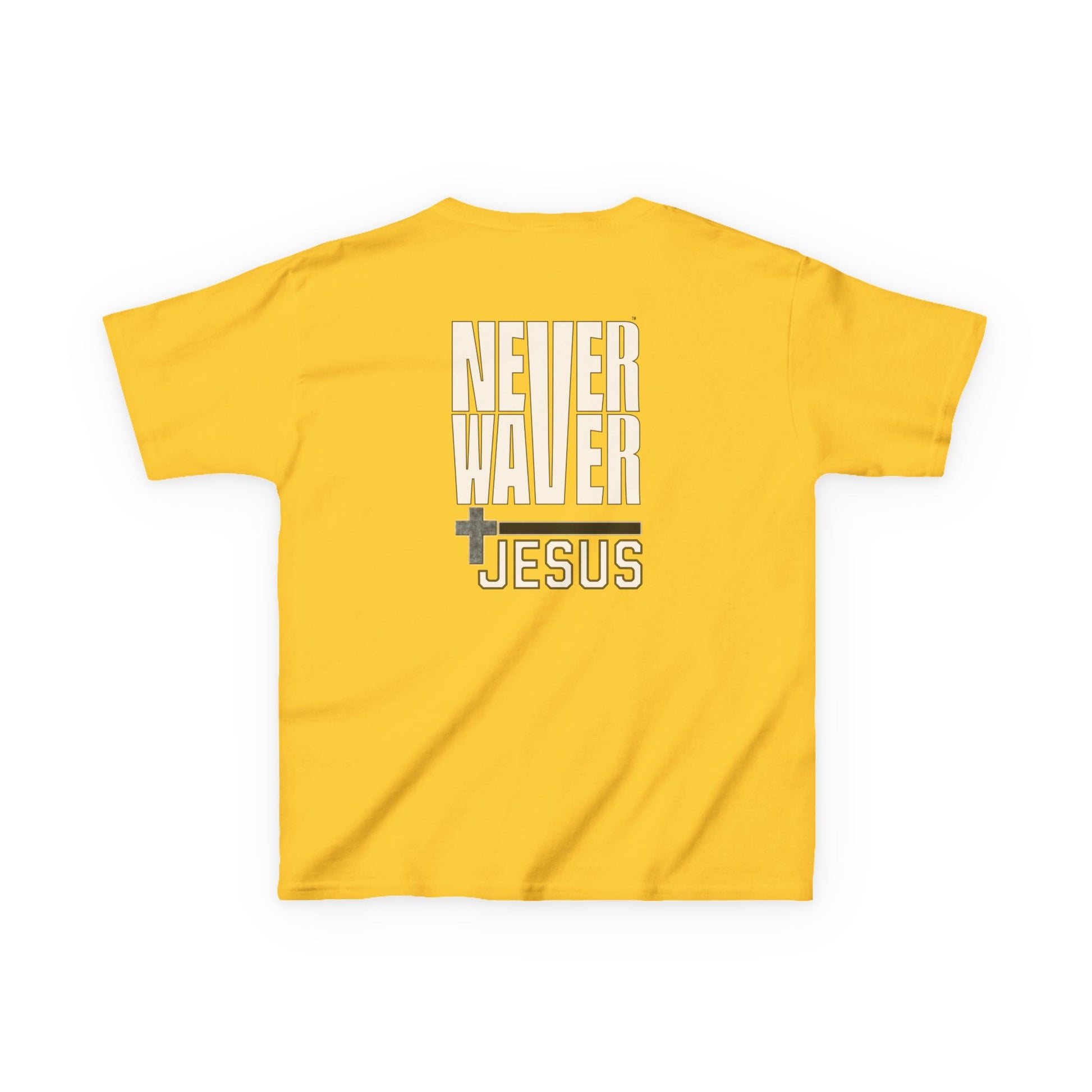 Kids Golf Tee -Never Waver” Jesus a bold, eye-catching design that reflects a steadfast faith and confidence in Christ. - Never Waver