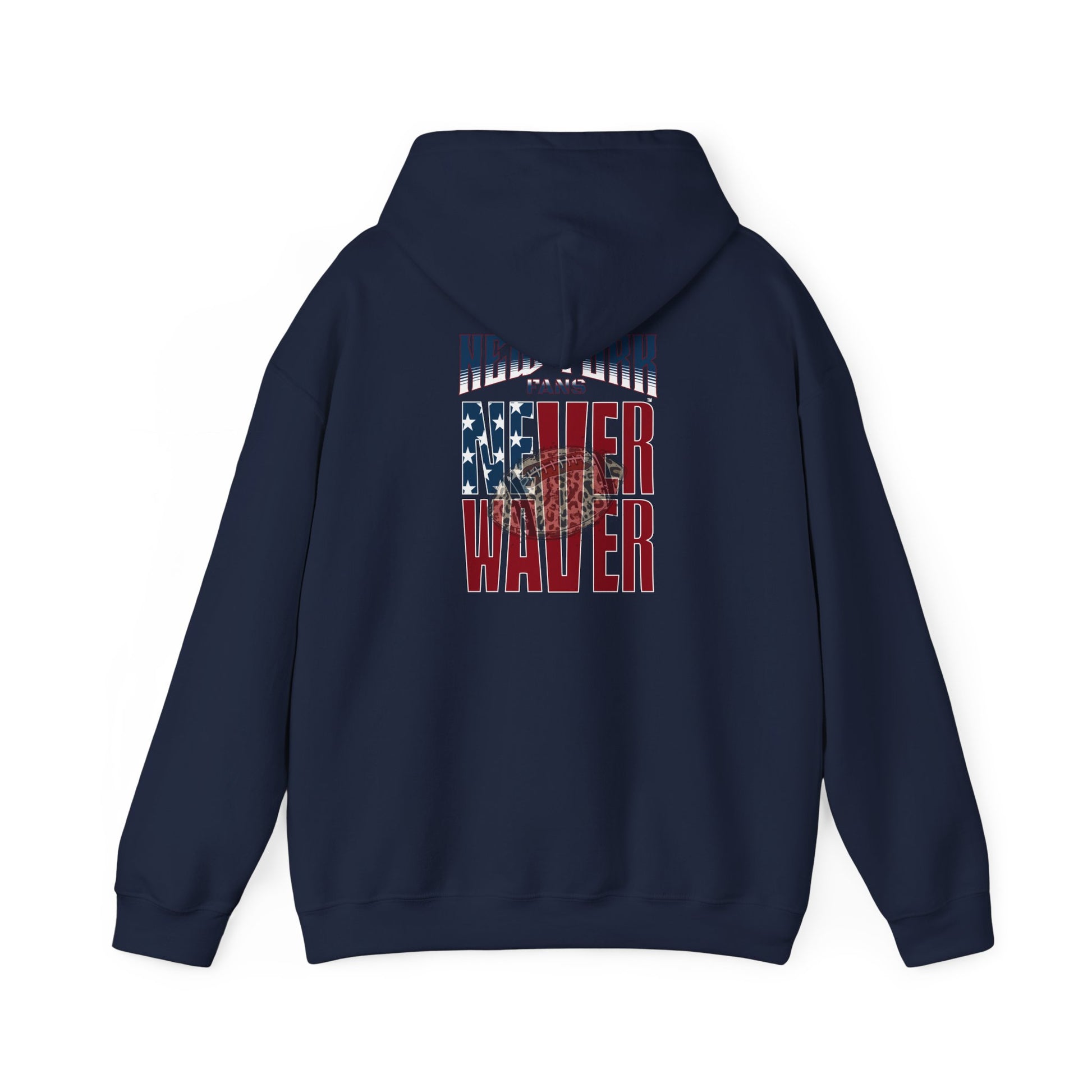 Unisex Heavy Blend™ Hooded Sweatshirt - 'New York Fans Never Waver W Leopard Football' American Pride Design - Never Waver