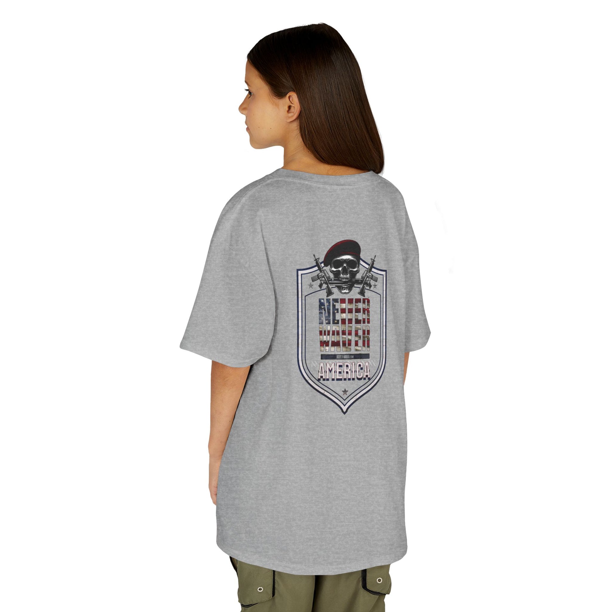Patriotic Kids Heavy Cotton Tee - 'America Never Waver' USA Graphic Tee - Never Waver
