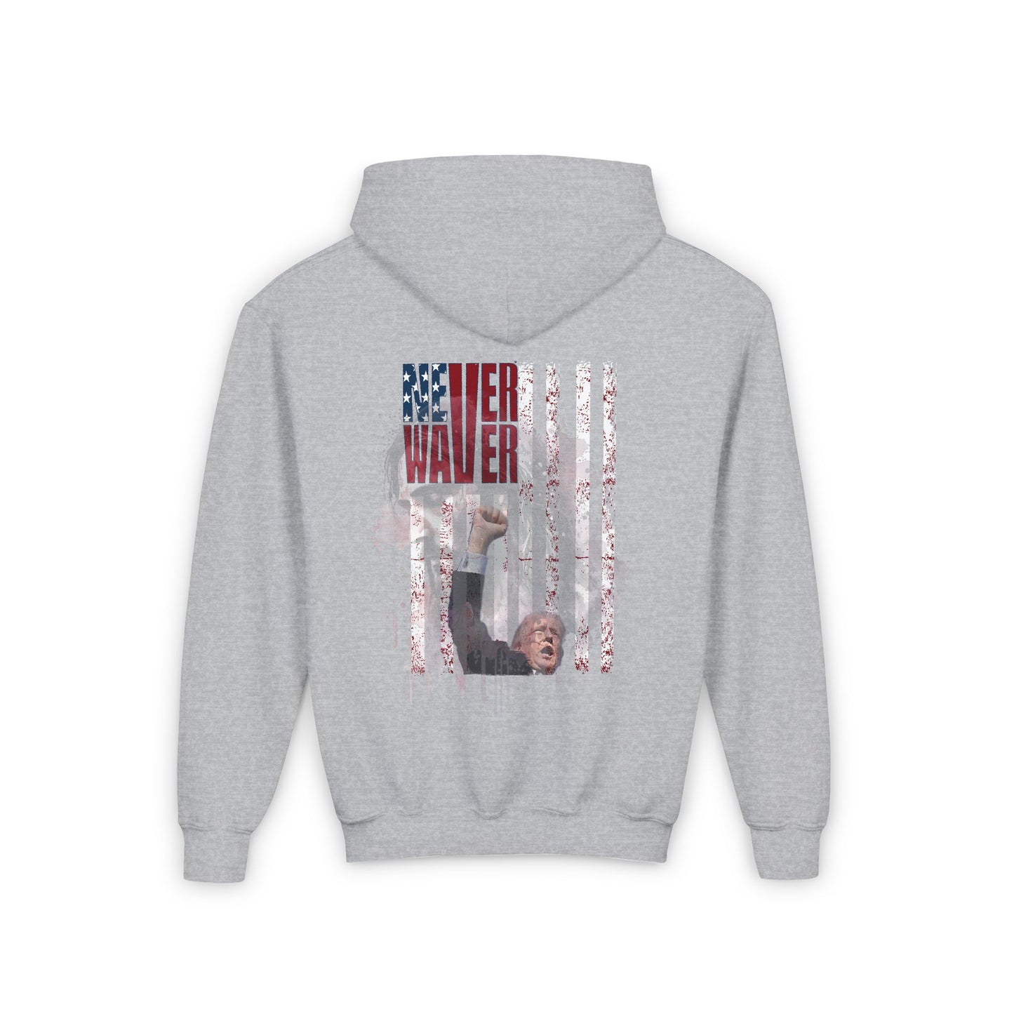 Never Waver Trump Fist Pump W Jesus Protection Vintage-Inspired Youth Hoodie with American Flag Design - Never Waver