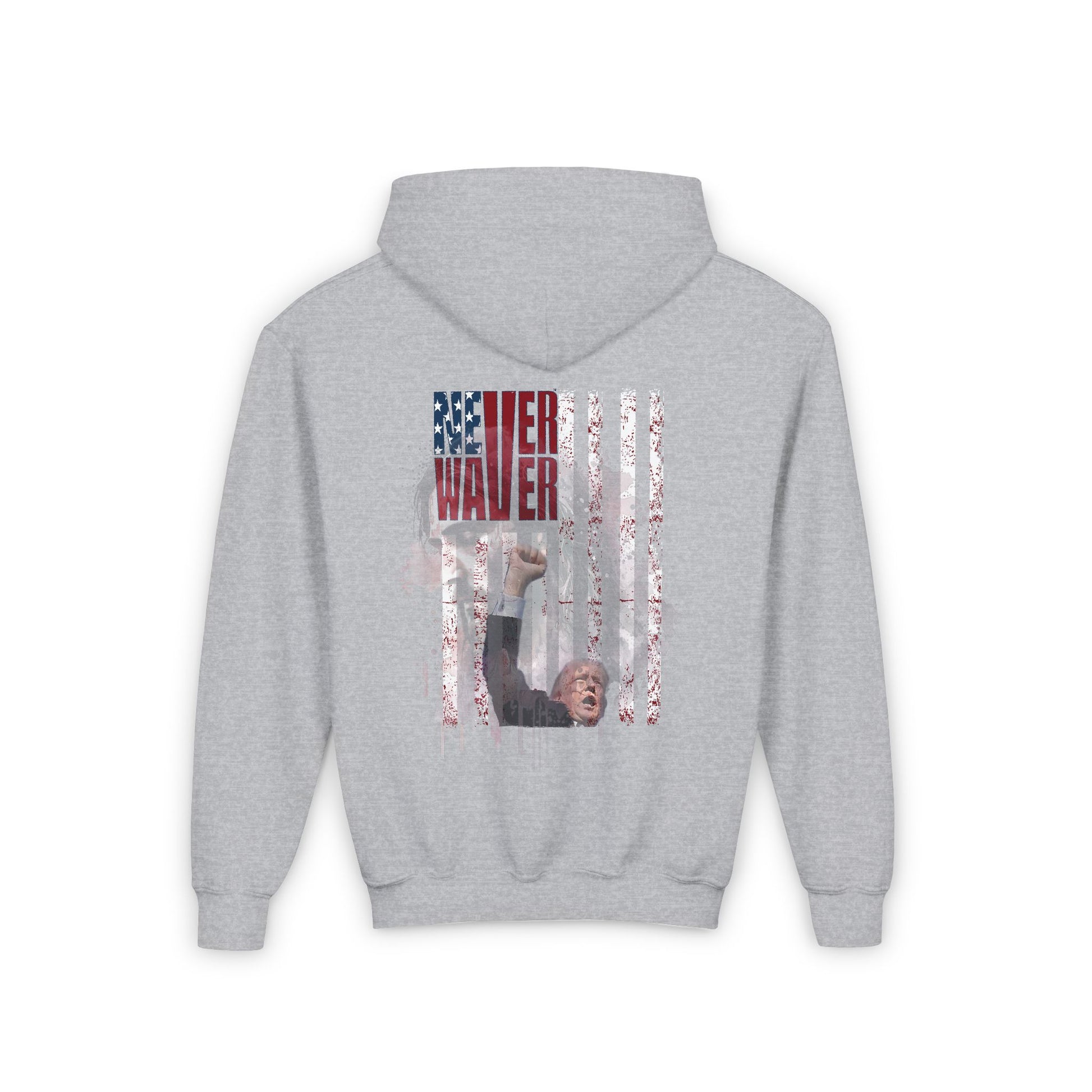 Never Waver Trump Fist Pump W Jesus Protection Vintage-Inspired Youth Hoodie with American Flag Design - Never Waver