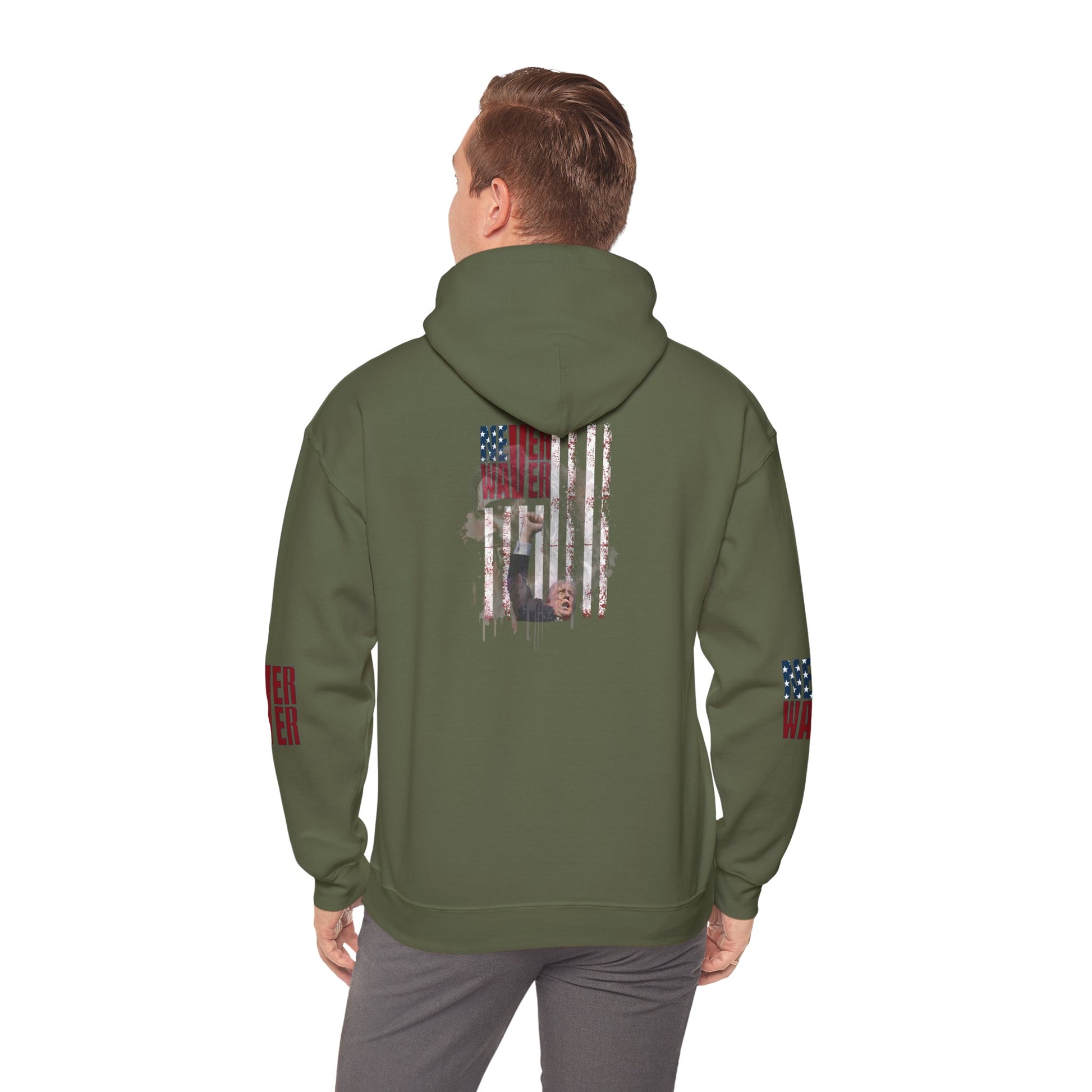 Unisex Heavy Blend™ Hooded Sweatshirt - Stylish Comfort with 'Never Waver Trump Fist Pump W Jesus  Protection' Design - Never Waver