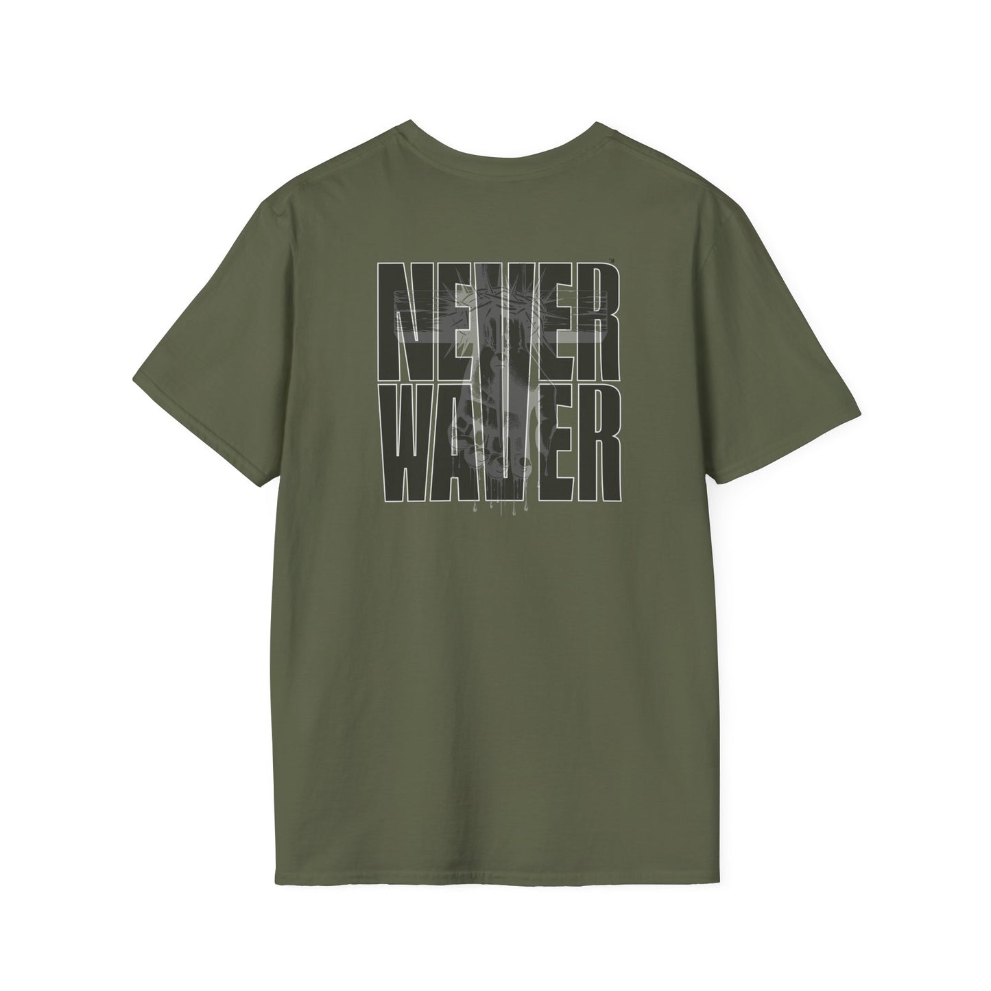 Never Waver” Jesus a bold, eye-catching design that reflects a steadfast faith and confidence in Christ. Unisex Soft style T-Shirt - Never Waver