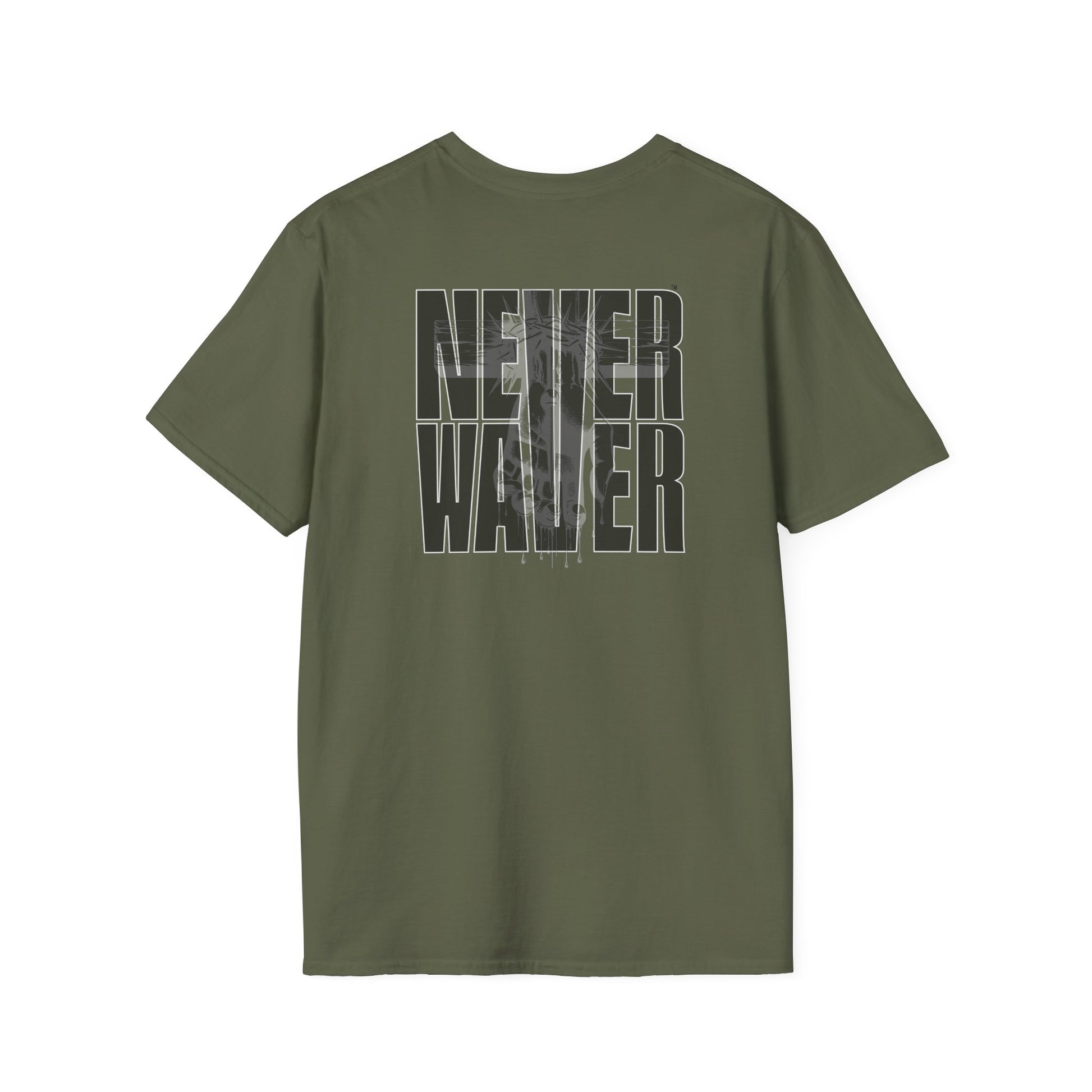 Never Waver” Jesus a bold, eye-catching design that reflects a steadfast faith and confidence in Christ. Unisex Soft style T-Shirt - Never Waver