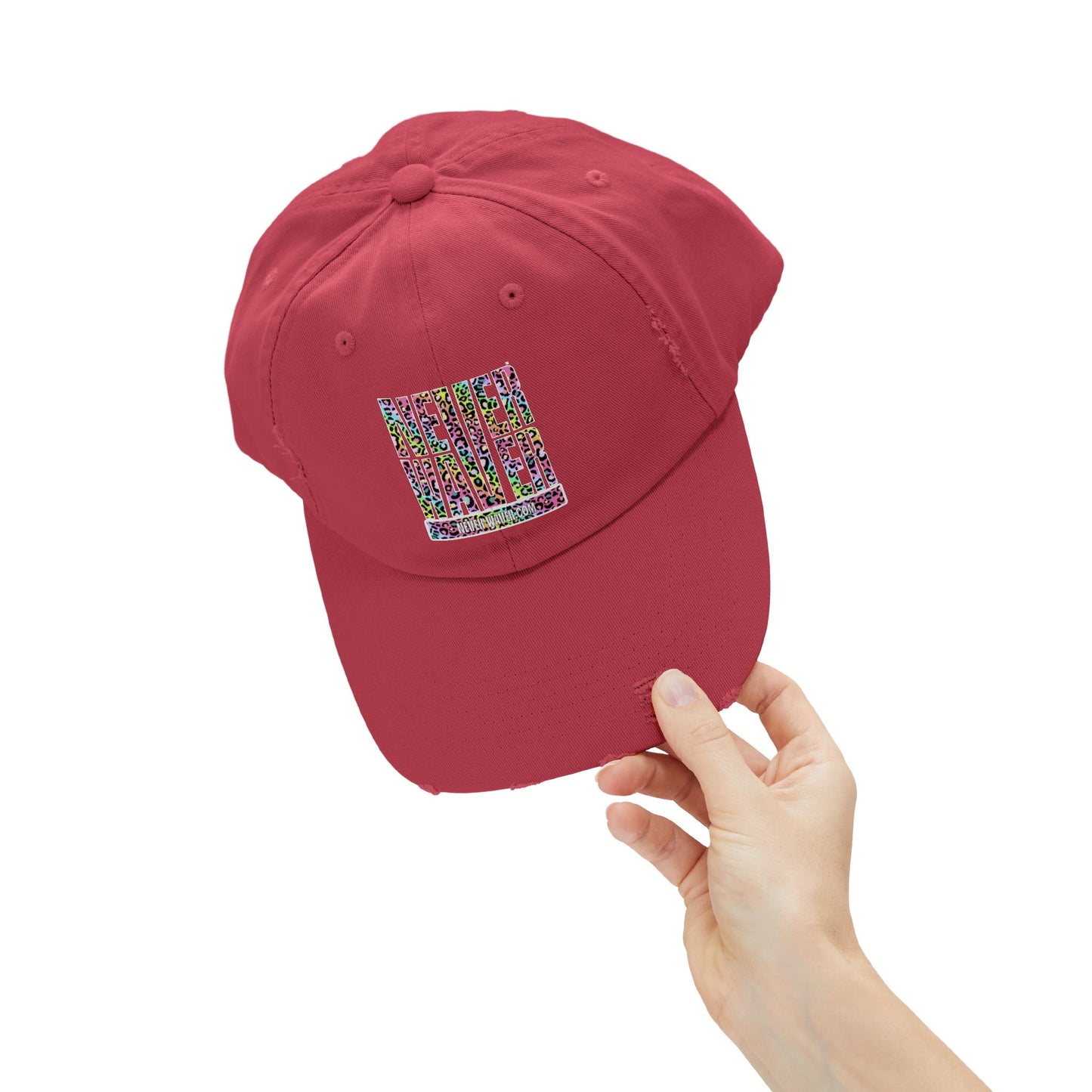 Unisex Distressed Cap - 'NEVER WAVER' Inspirational Hat for Everyday Wear Multi Color Leopard