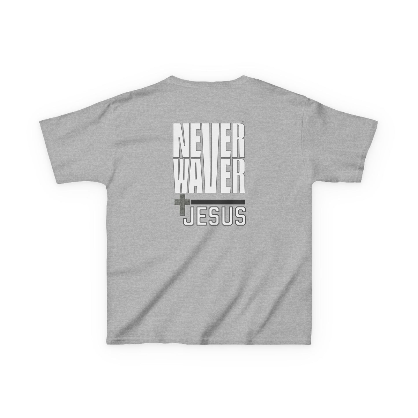 Kids Golf Tee -Never Waver” Jesus a bold, eye-catching design that reflects a steadfast faith and confidence in Christ. - Never Waver