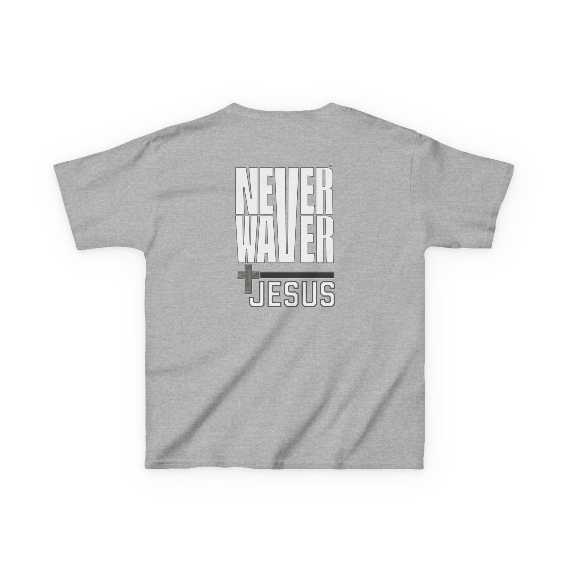 Kids Golf Tee -Never Waver” Jesus a bold, eye-catching design that reflects a steadfast faith and confidence in Christ. - Never Waver