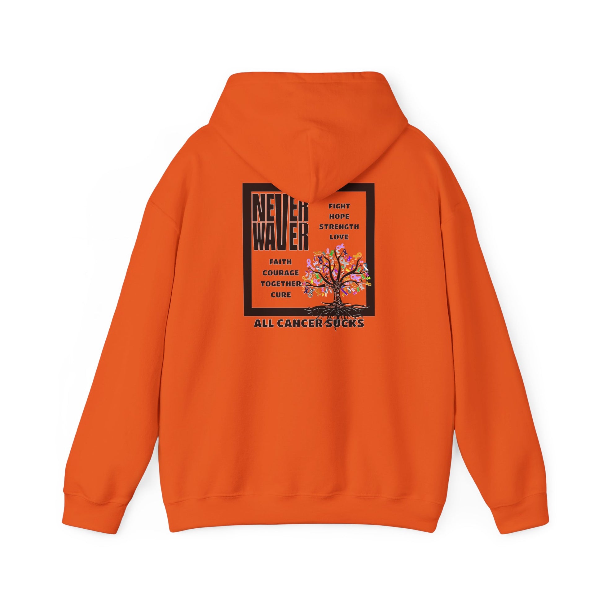 Cancer Awareness Hoodie - Never Waver - Fight, Hope, Strength, Love Tree of Ribbons - Never Waver