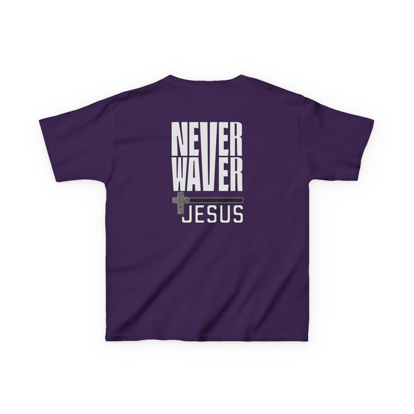 Kids Golf Tee -Never Waver” Jesus a bold, eye-catching design that reflects a steadfast faith and confidence in Christ. - Never Waver