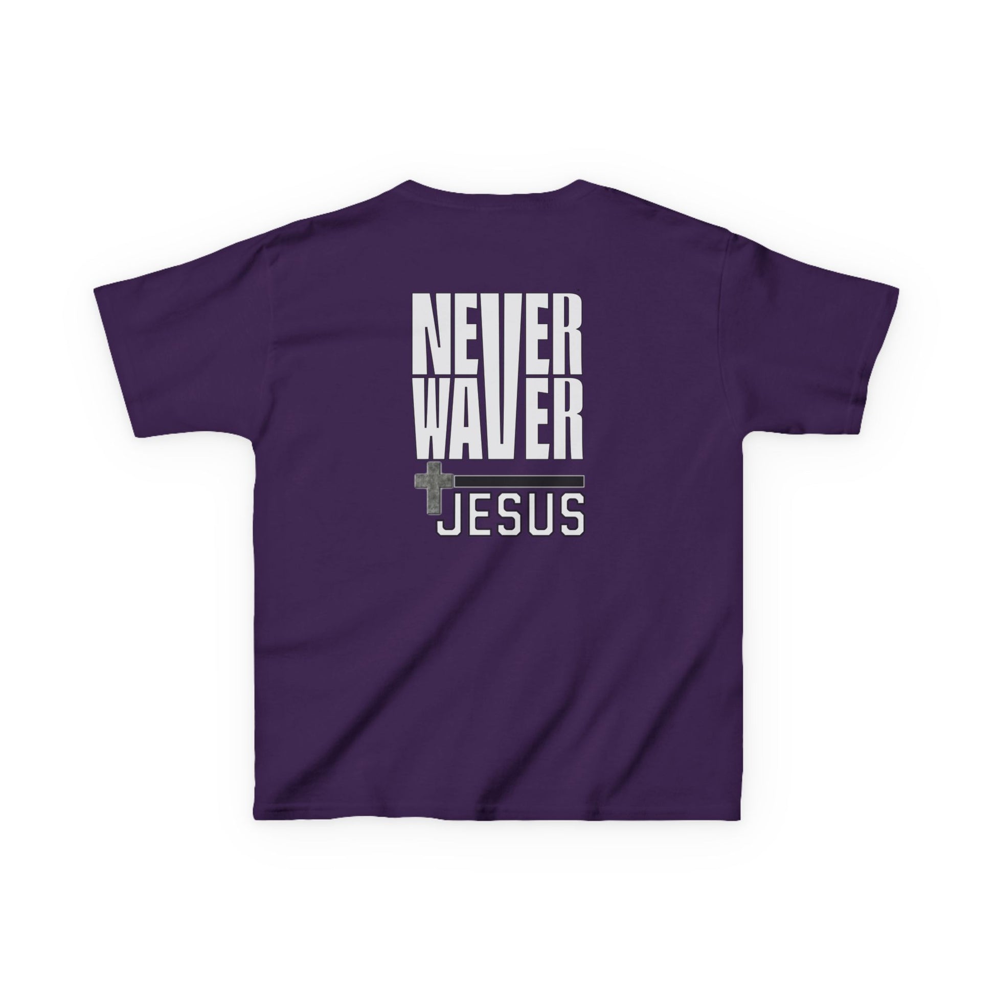 Kids Golf Tee -Never Waver” Jesus a bold, eye-catching design that reflects a steadfast faith and confidence in Christ. - Never Waver