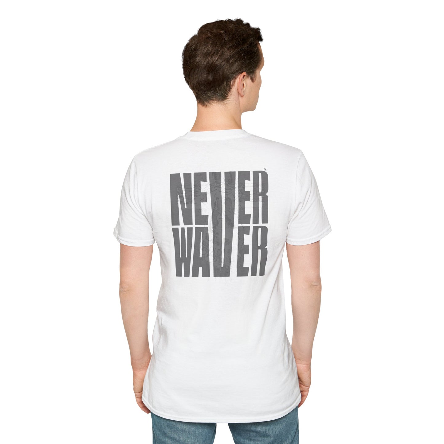 Never Waver” Jesus a bold, eye-catching design that reflects a steadfast faith and confidence in Christ. Unisex Soft style T-Shirt - Never Waver