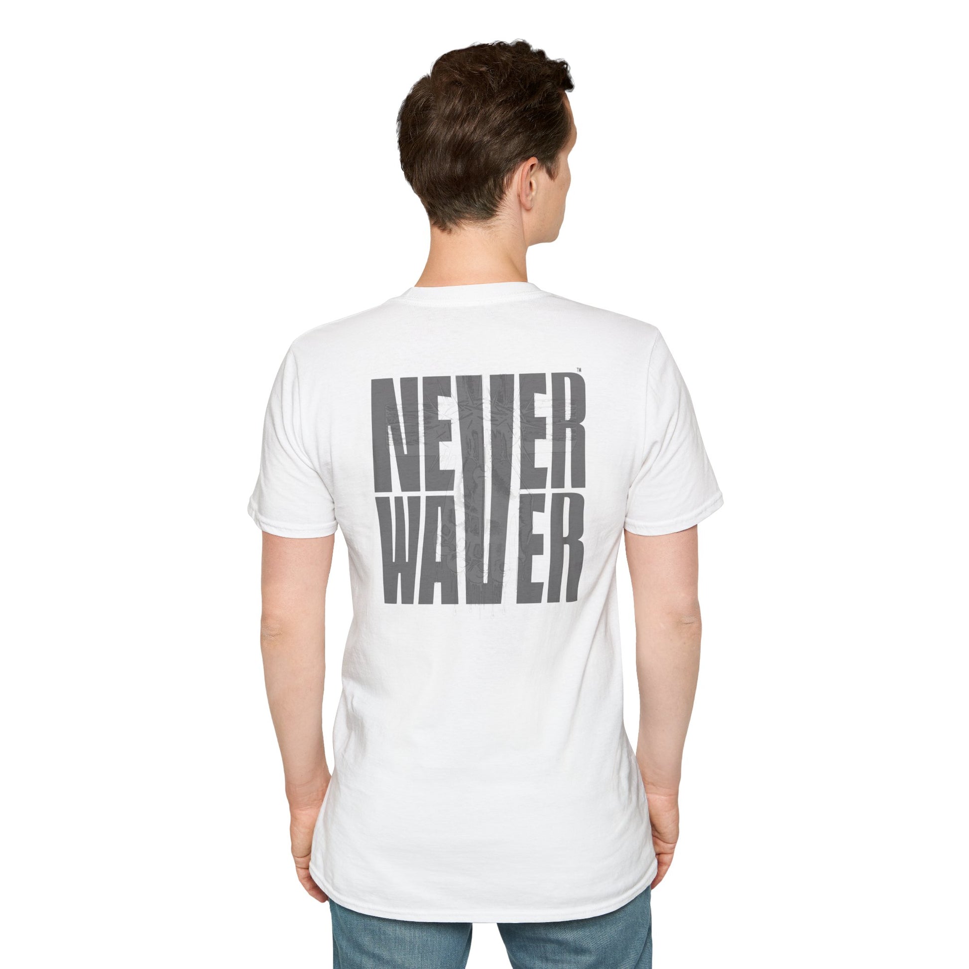 Never Waver” Jesus a bold, eye-catching design that reflects a steadfast faith and confidence in Christ. Unisex Soft style T-Shirt - Never Waver