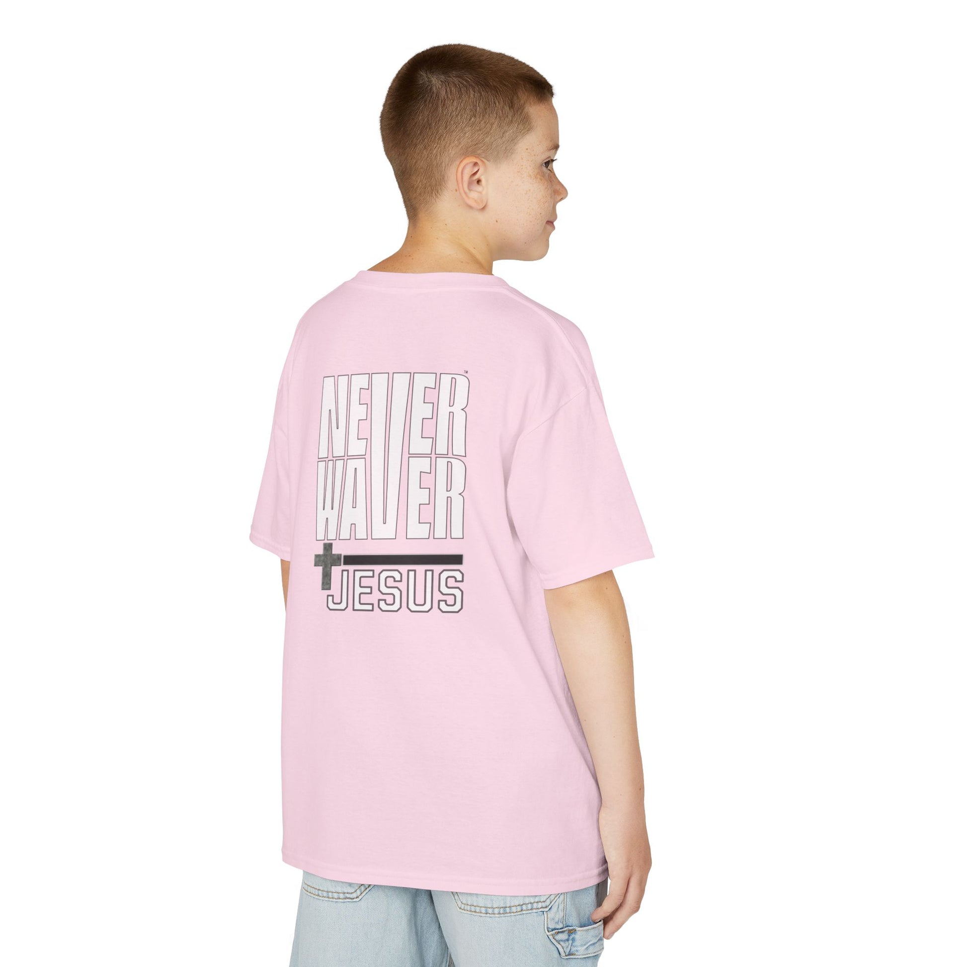 Kids Golf Tee -Never Waver” Jesus a bold, eye-catching design that reflects a steadfast faith and confidence in Christ. - Never Waver
