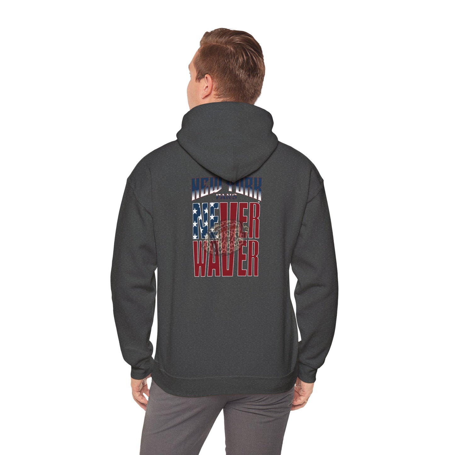 Unisex Heavy Blend™ Hooded Sweatshirt - 'New York Fans Never Waver W Leopard Football' American Pride Design - Never Waver