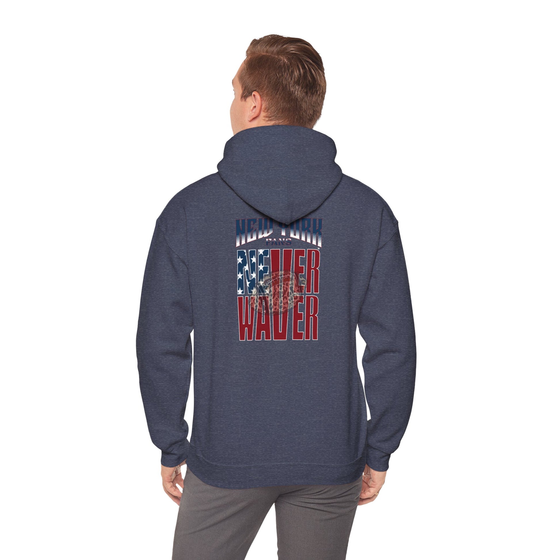 Unisex Heavy Blend™ Hooded Sweatshirt - 'New York Fans Never Waver W Leopard Football' American Pride Design - Never Waver