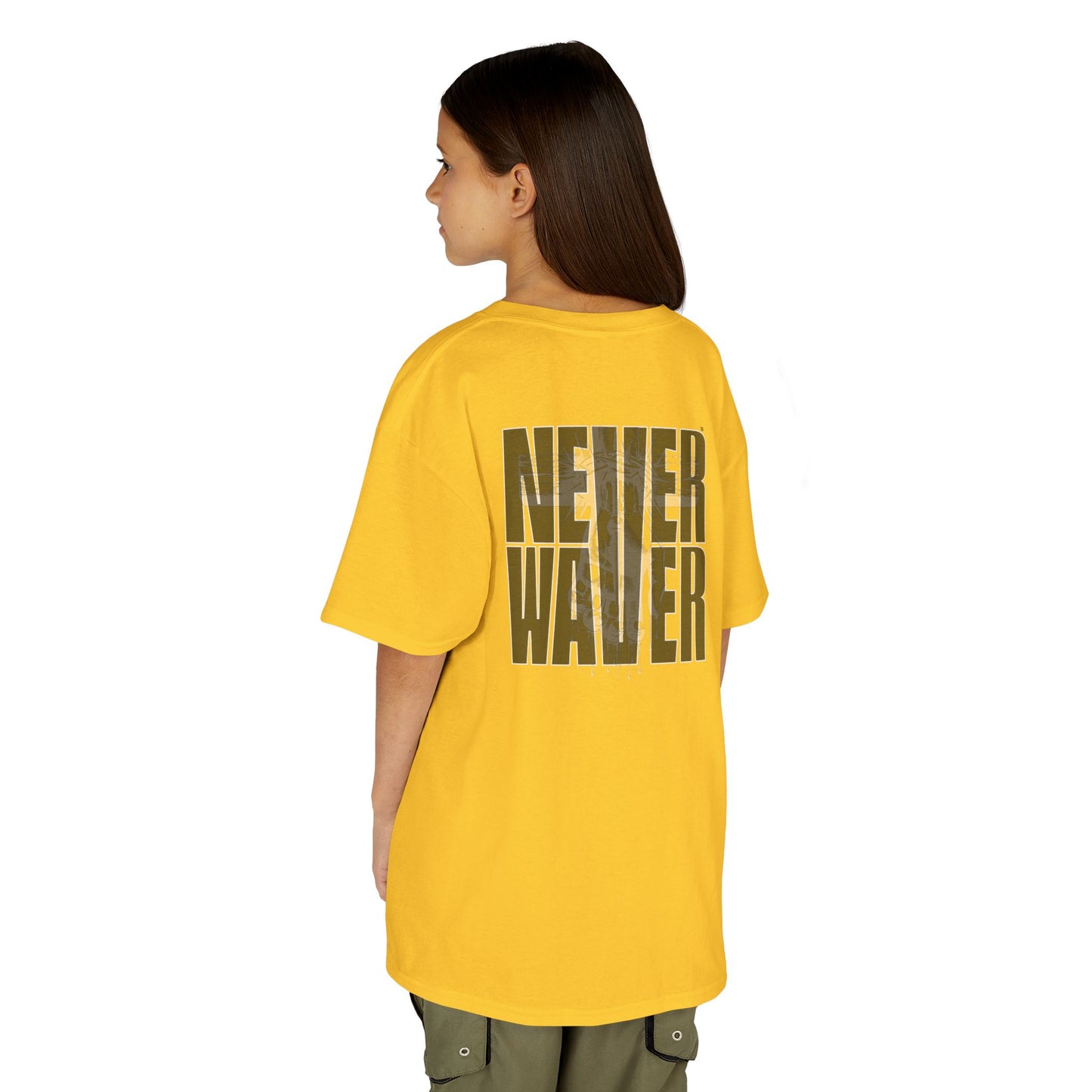 Kids Tee Never Waver” Jesus t-shirt might feature a bold, eye-catching design that reflects a steadfast faith and confidence in Christ.  - Never Waver
