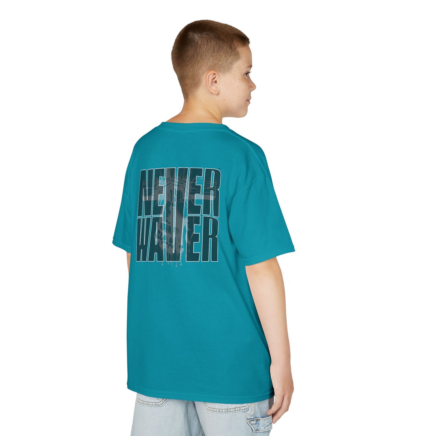 Kids Tee Never Waver” Jesus t-shirt might feature a bold, eye-catching design that reflects a steadfast faith and confidence in Christ.  - Never Waver