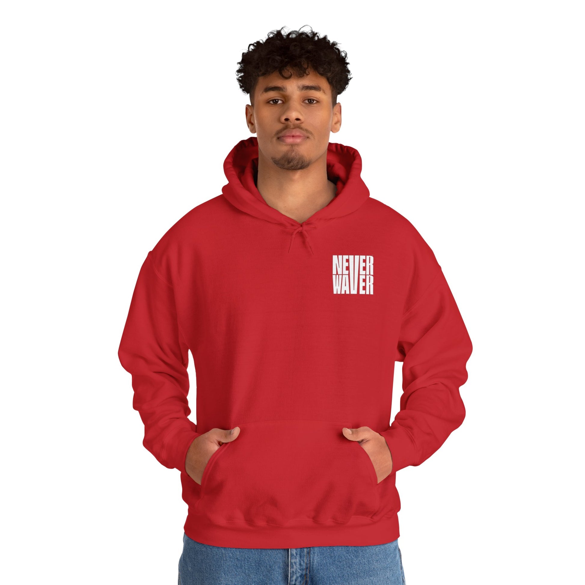 Never Waver” Jesus a bold, eye-catching design that reflects a steadfast faith and confidence in Christ. Hoodie - Unisex Heavy Blend™ Sweatshirt - Never Waver
