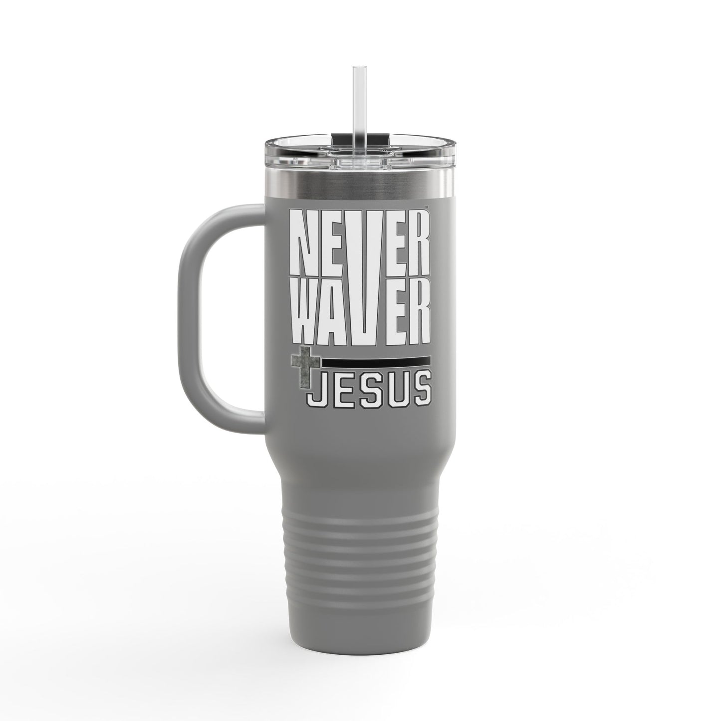 Insulated Travel Mug - "Never Waver” Jesus a bold, eye-catching design that reflects a steadfast faith and confidence in Christ. " - 40oz Sporty Drinkware - Never Waver