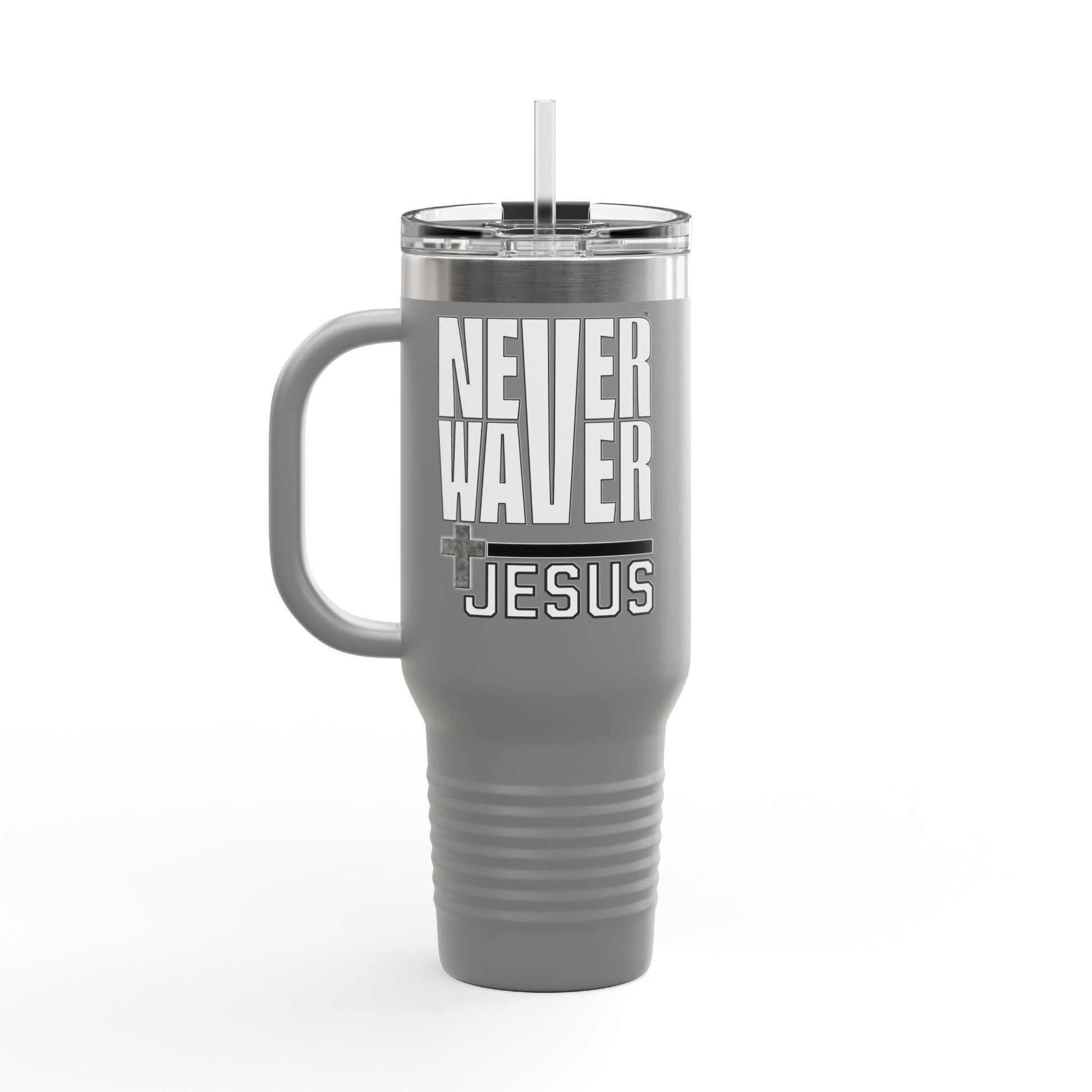Insulated Travel Mug - "Never Waver” Jesus a bold, eye-catching design that reflects a steadfast faith and confidence in Christ. " - 40oz Sporty Drinkware - Never Waver